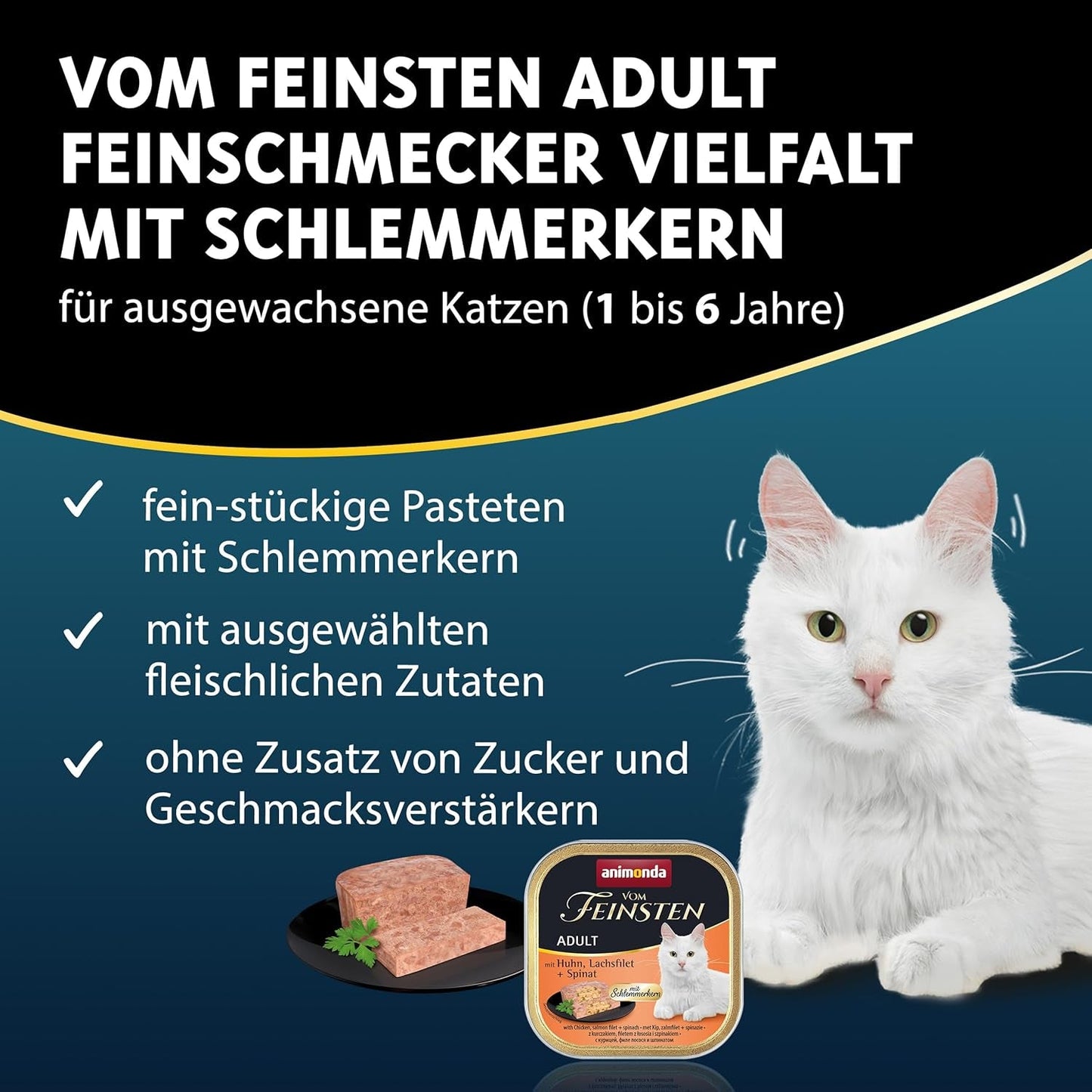 animonda Vom Feinsten Adult Gourmet Variety (32 x 100 g), vlhké krmivo bez obilovin a cukru pro dospělé kočky s neodolatelným gurmánským jádrem.