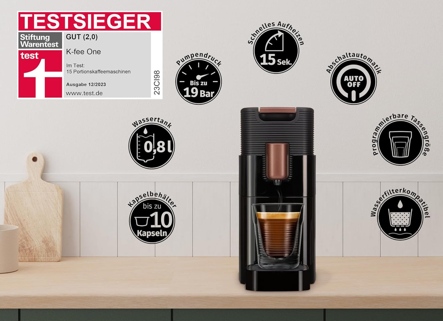 Espresso kávovar s kapslemi K-FEE ONE na kávu, čaj a kakao | Kompaktní espresso | Rychlý ohřev | Nádrž na vodu 0,8 l | 19 barů | Černá měď | Vítěz testu Stiftung Warentest 2023