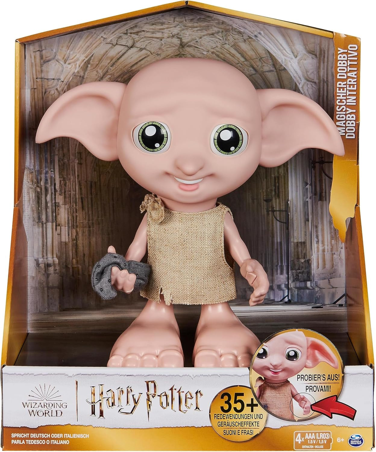 Kouzelnický svět Harry Potter - Interaktivní panenka Dobby House Elf s 30+ zvuky, větami a pohyby, německo-italská, hračka pro 6 let, fanouškovský článek Panenky Naty Shop Výchozí název