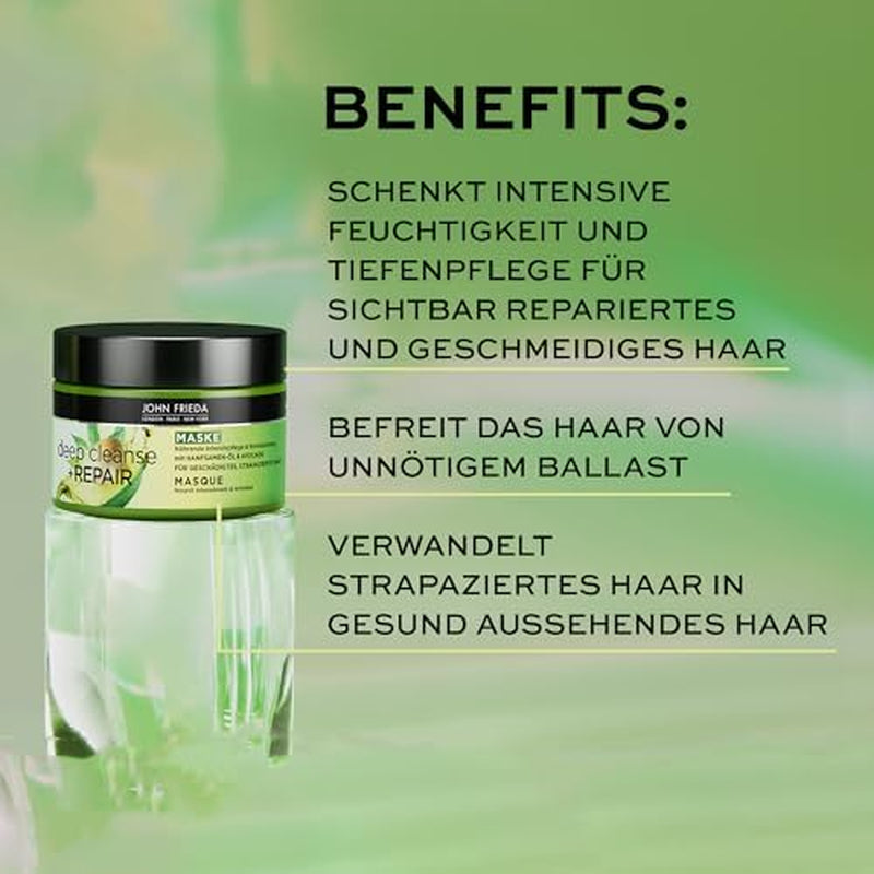 John Frieda - Deep Cleanse & Repair Mask / Treatment - Obsah: 250 ml - S konopným olejem + výživným avokádem - Zklidňující maska na vlasy pro poškozené vlasy Maska na vlasy Naty Shop