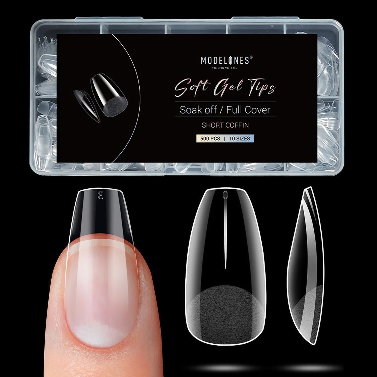 Modelones Nail Tips 510 kusů – sada nehtových špiček s úplným krytem, ​​sada gelových špiček, předleštění špiček na nehty s PMMA pryskyřicí, umělé nehty pro lepení nail art DIY, krátký squoval