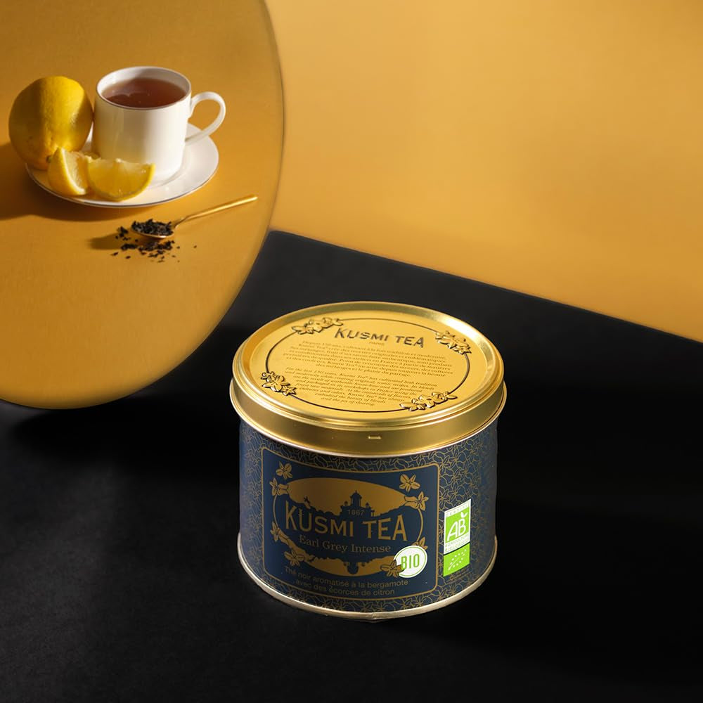 Kusmi Tea - Earl Grey Intense - Bio černý čaj Earl Grey se silným bergamotem a pikantním citronem - Sypaný čaj - 100g kovová krabička - Množství na cca 50 šálků
