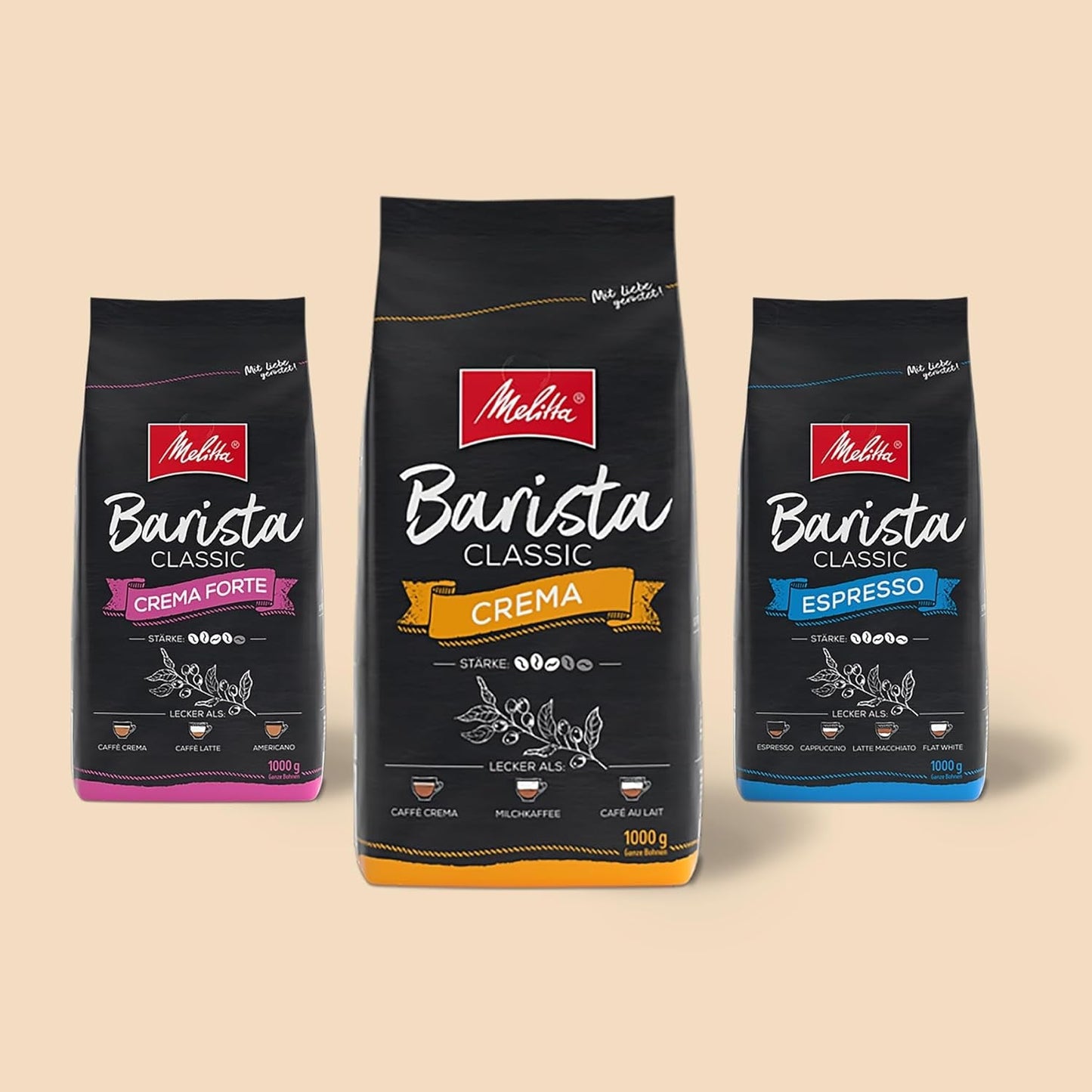 Melitta Barista Classic Crema Forte, Celá kávová zrna 1kg, Ungemahlen, Kávová zrna do kávovaru, Silné pražení, Stärke 4