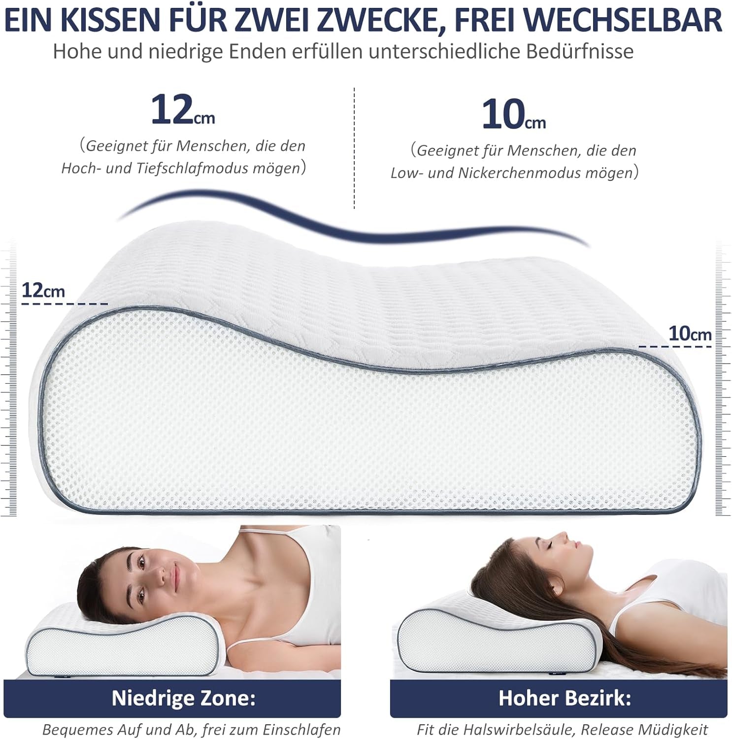 BedStory polštář z paměťové pěny, výškově nastavitelný polštář na podporu krku, ergonomický polštář, boční polštář na spaní pro záda a žaludek (60x36x12/10cm)