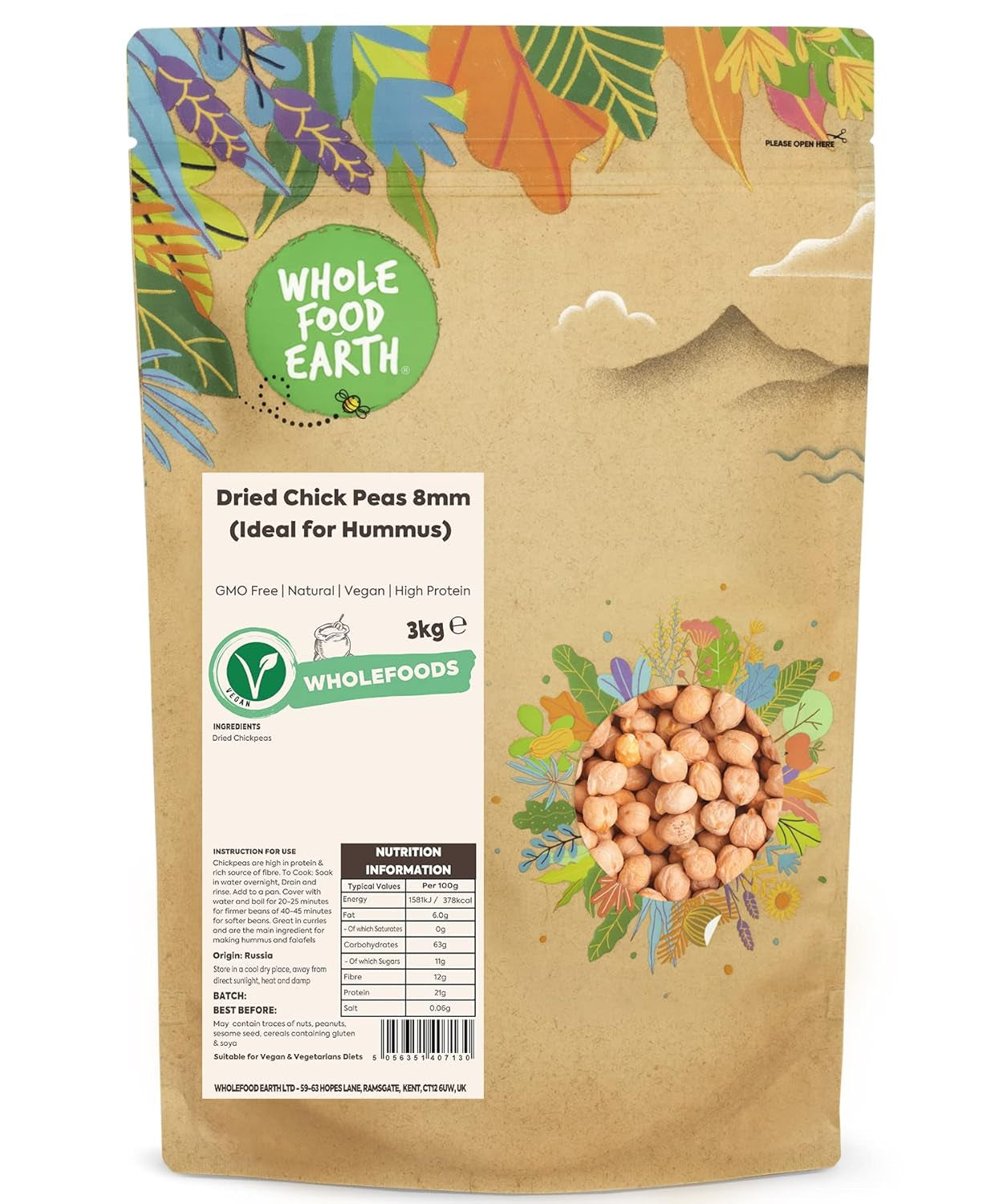 Celozrnná cizrna Earth, 8 mm (ideální pro hummus), bez GMO, přírodní, veganská, bez mléčných výrobků, bez přidaného cukru, 2 kg