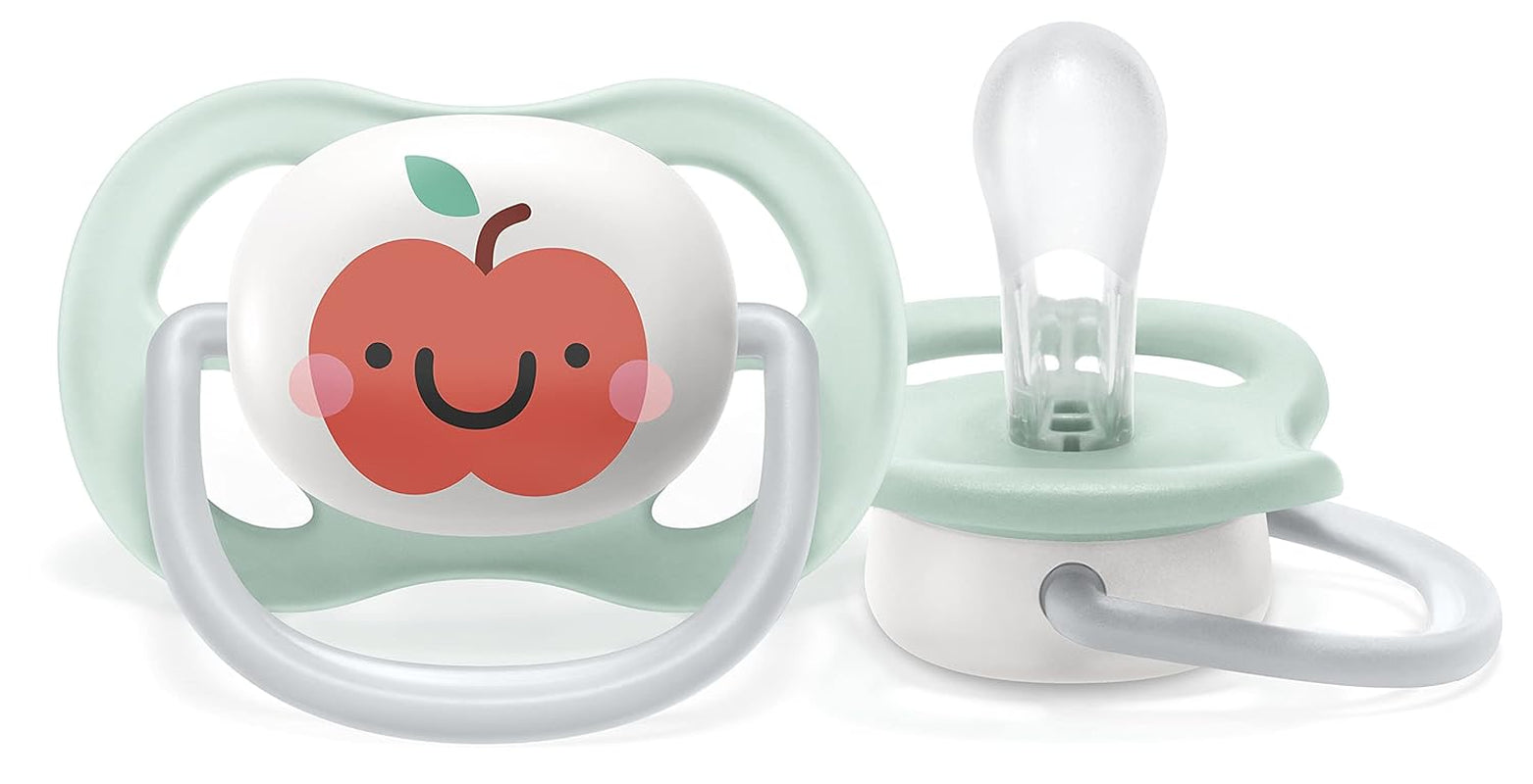 Dudlík Philips AVENT ultra air - 2-balení, bez BPA, prodyšný, pro miminka 0-6 měsíců, včetně pouzdra a sterilizace, jablko/hruška (model SCF080/17)