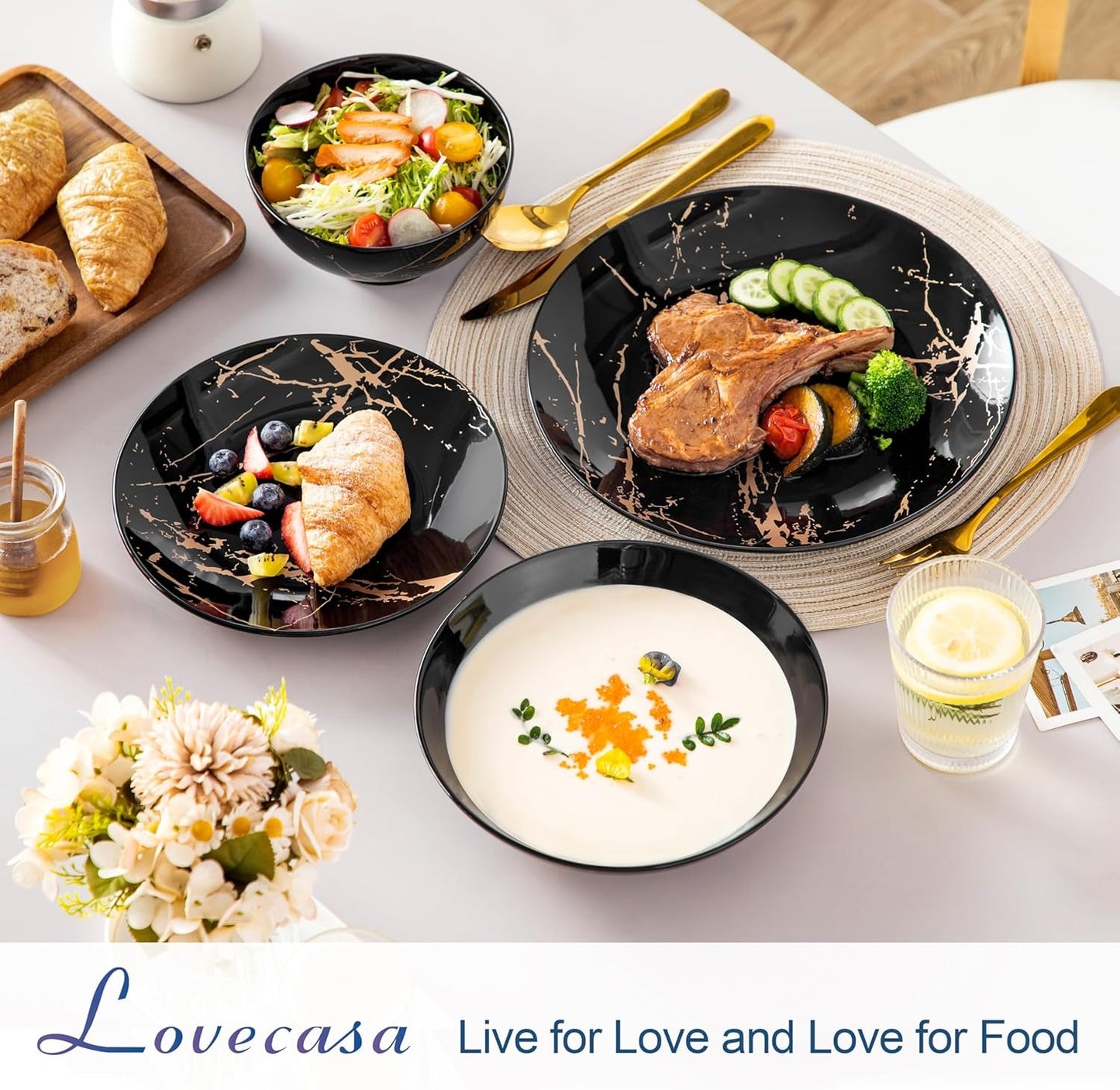 Porcelánová sada nádobí řady LOVECASA Daphne SWEET 24dílná kombinovaná sada Zlatý design Talíře Dezertní talíře Cereální misky a talíře pro 6