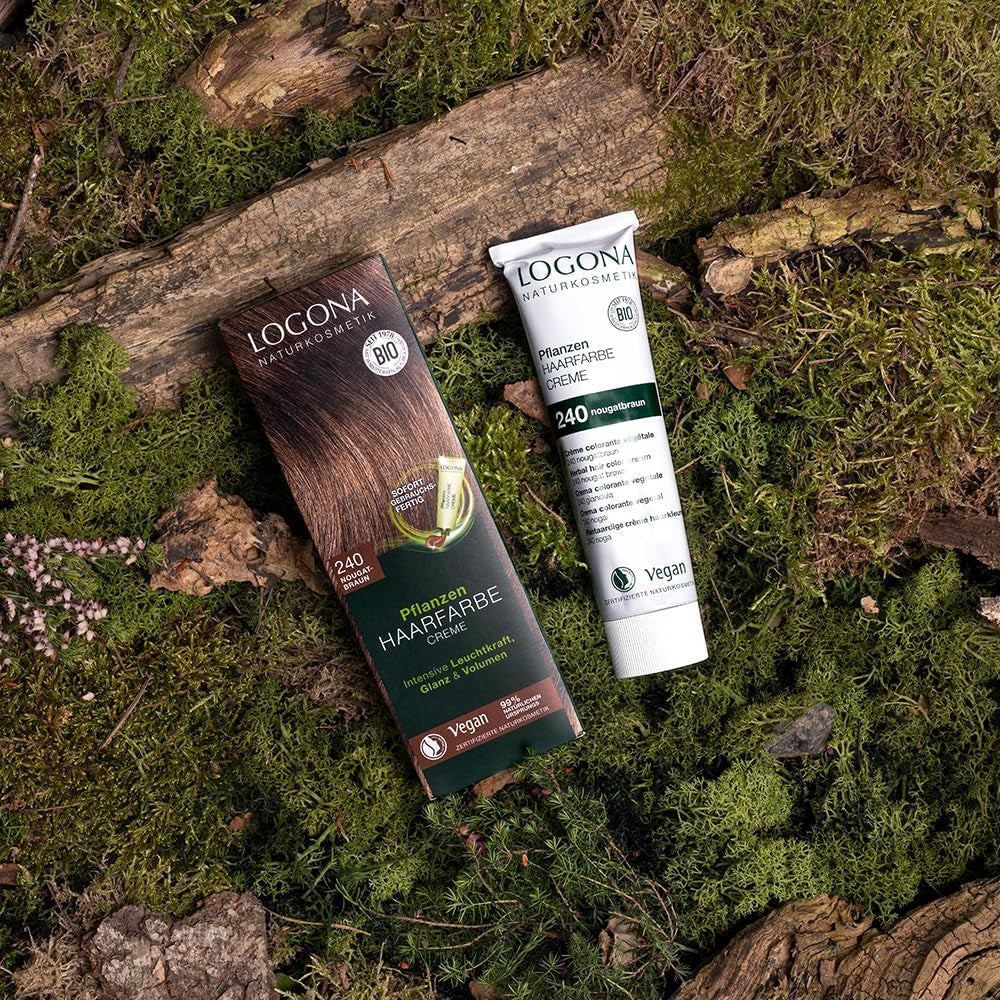 LOGONA Natural Cosmetics Plant Hair Color Cream 240 Nugát Brown, Přírodní barva na hnědé vlasy s hennou, barvicí krém na hnědé tóny, barva na tmavé vlasy, 150ml Barva na vlasy Naty Shop