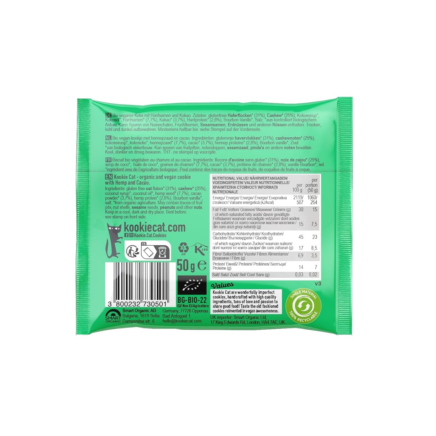 Konopné semínko a kakao – jednotlivě balené veganské bezlepkové bio kešu a ovesné sušenky bez sóji – 12 x 50 g multipack