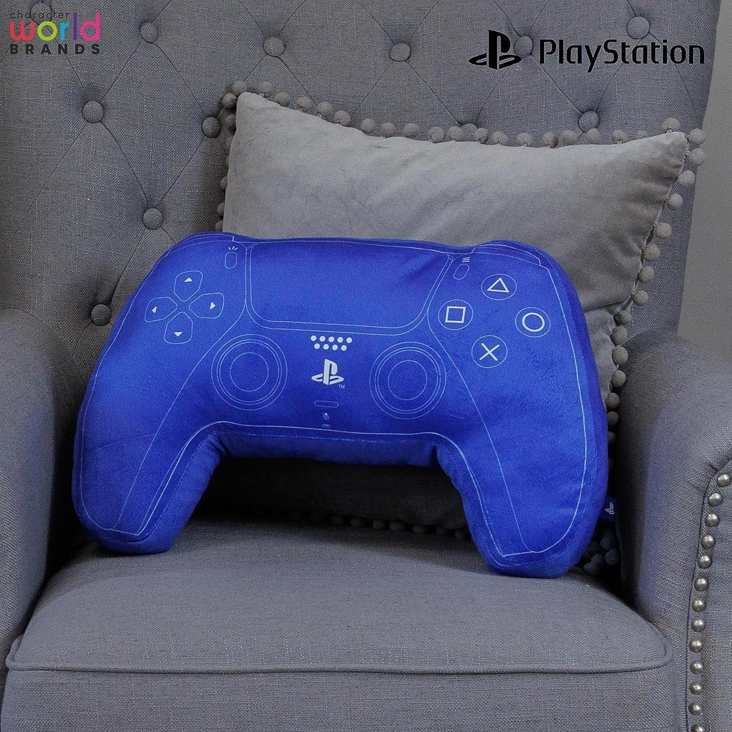 Svět postav: Oficiálně licencovaný polštář ve tvaru ovladače Playstation, design sluchátka, vycpaný plyšový polštář | Modré standardní polštáře Naty Shop, ideální do ložnice nebo na hraní