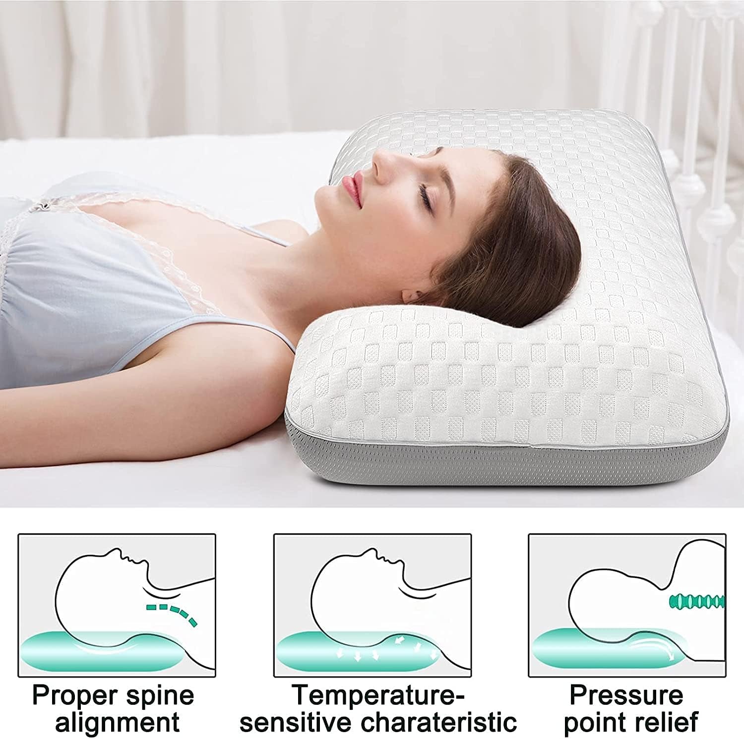 Polštář z paměťové pěny Fityou Polštář na podporu krku Ergonomický polštář na spaní Chladící polštář Oboustranný design Pratelný povlak na polštář (67,5X40X13Cm) Ortopedické polštáře na krk Naty Shop