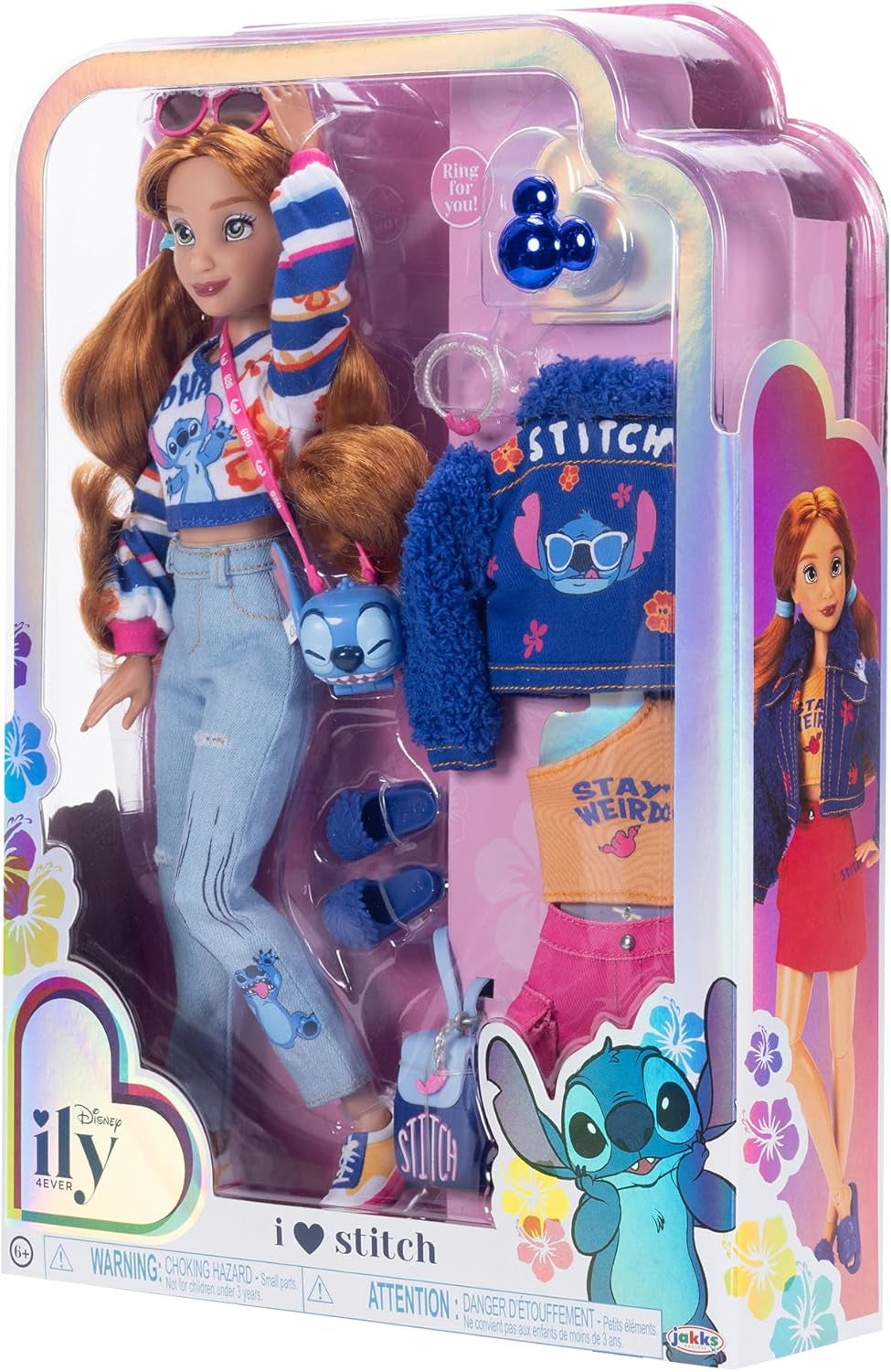Módní panenky Disney ILY 4EVER Stitch se zrzavými vlasy, 29 cm vysoké, s 13 kloubovými body, dvěma kompletními kombinačními outfity a třpytivým prstenem Mickey pro vás!