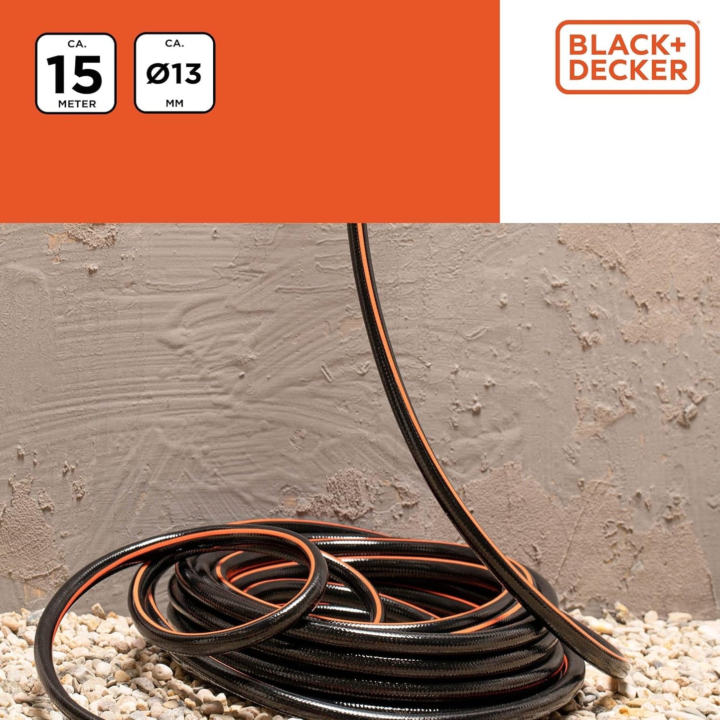 Zahradní hadice BLACK+DECKER 15 metrů - Ø13MM - Odolné PVC - Zalévání zahrady, mytí auta, napouštění bazénu - Kompatibilní s jakoukoli standardní baterií - Černá/Oranžová