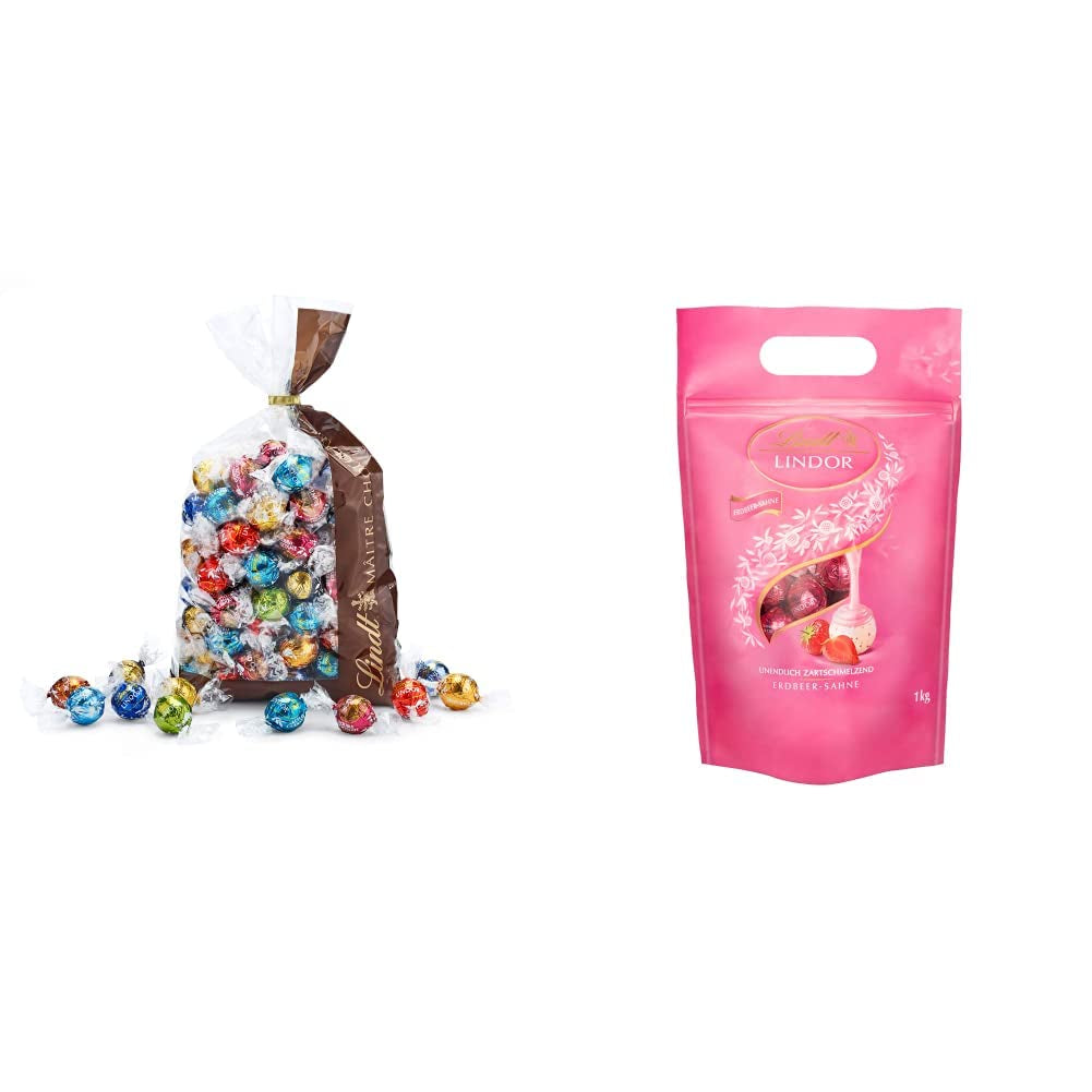 Čokoládová směs LINDOR | 1371 g | Přibl. 109 kuliček: Mléčná čokoláda a kuličky LINDOR s jahodovým krémem | 1 kg pytel, cca. 80 čokoládových kuliček bílá čokoláda s jahodovým krémem
