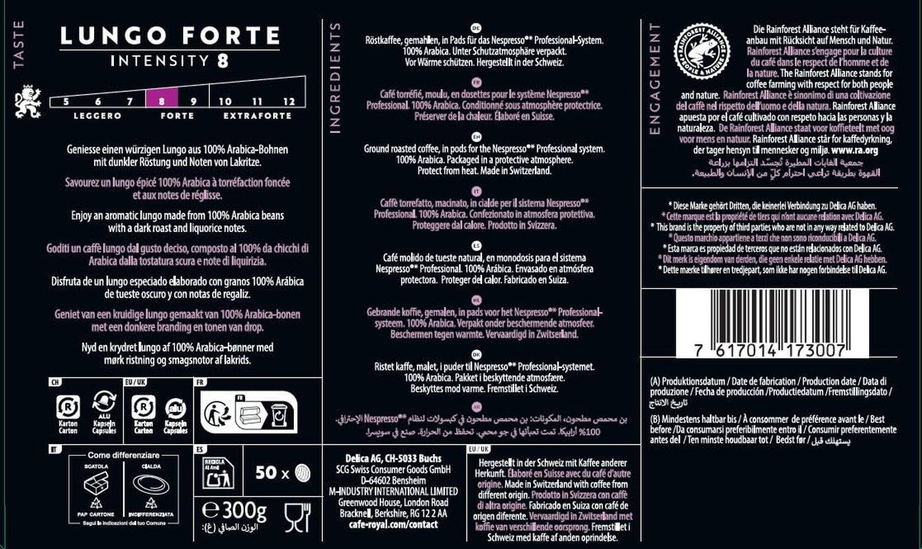 Café Royal Professional Pads, Lungo Forte, 50 Nespresso (R) Professional kompatibilní podložky pro kancelář a gastronomii, Rainforest Alliance zertifiziert, 100 Prozent Arabica Kaffee, Intensität 8
