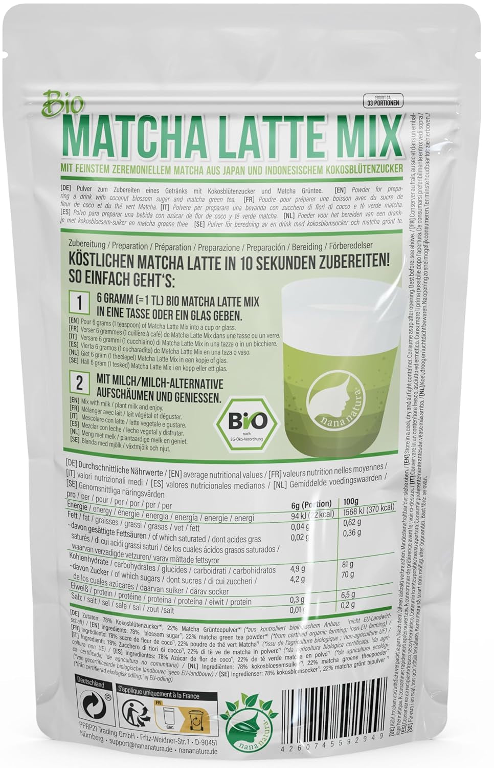 Nananatura'S Bio Matcha Latte Mix s 22% Ceremoniálním práškem ze zeleného čaje z Japonska | Pro jednoduchý a lahodný požitek z čaje | Vhodné také na zmrzlinu a pečivo