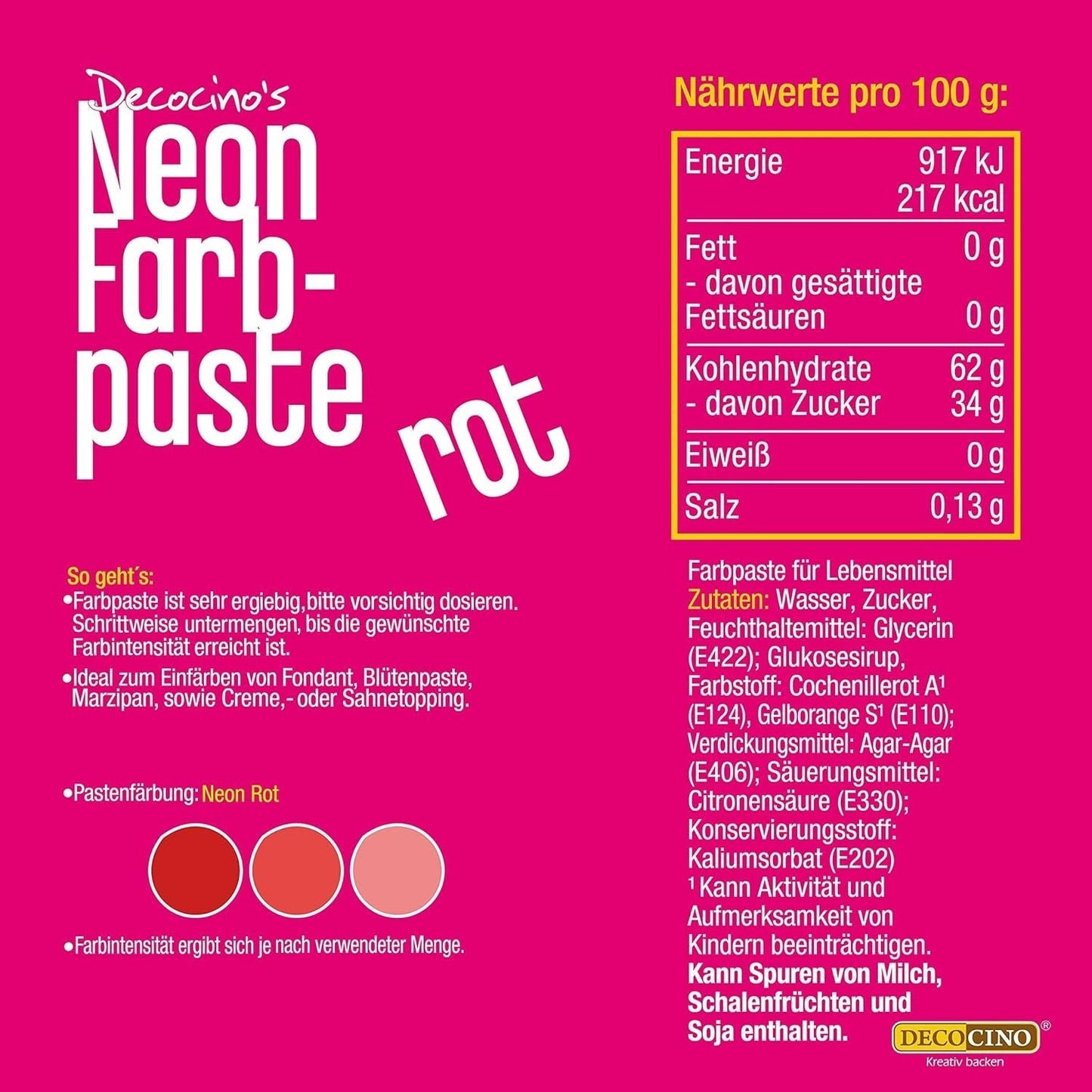 Decocino Neon Food Paste Red - Vysoká dávka potravinářského barviva - Pro barvení dortů, muffinů, cupcaků - Bez chuti