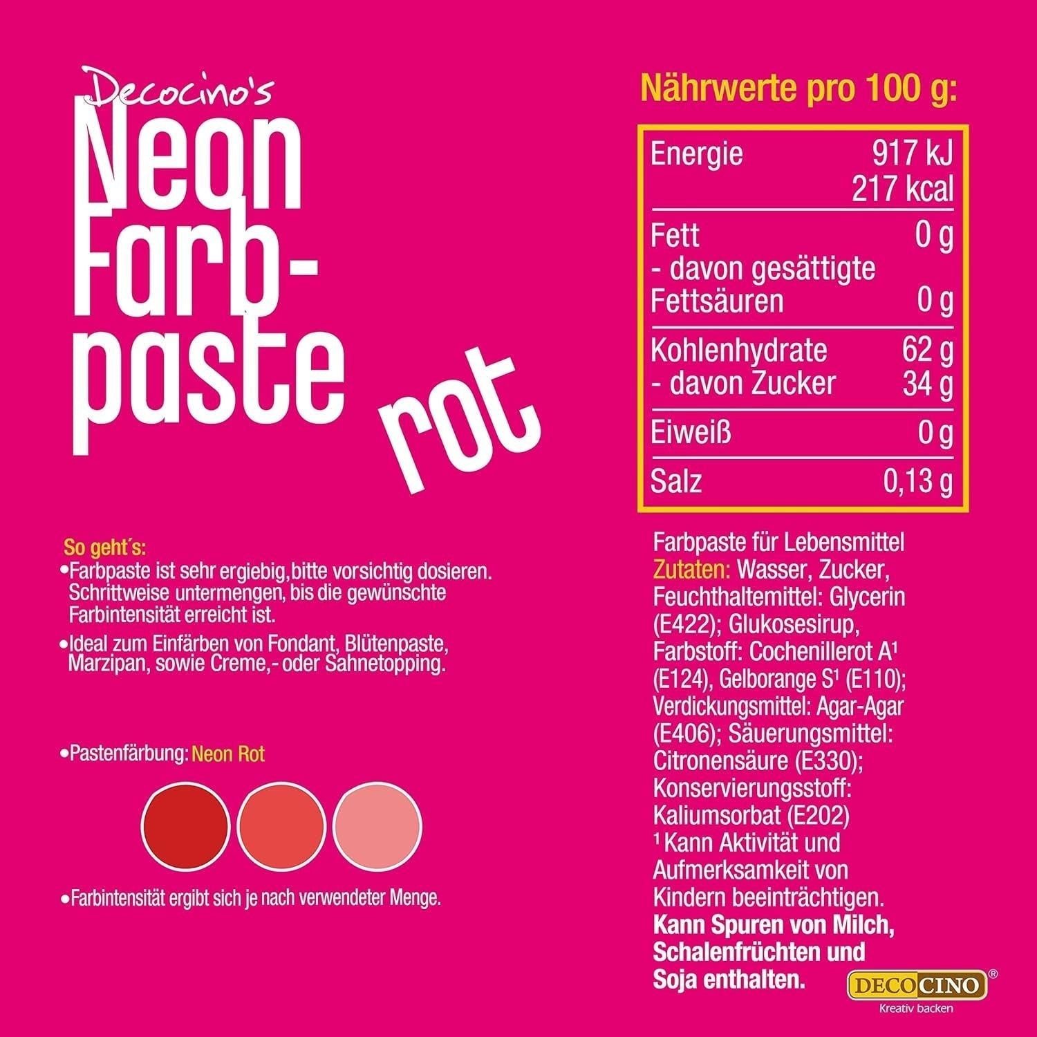 Decocino Neon Food Paste Red - Vysoká dávka potravinářského barviva - Pro barvení dortů, muffinů, cupcaků - Bez chuti