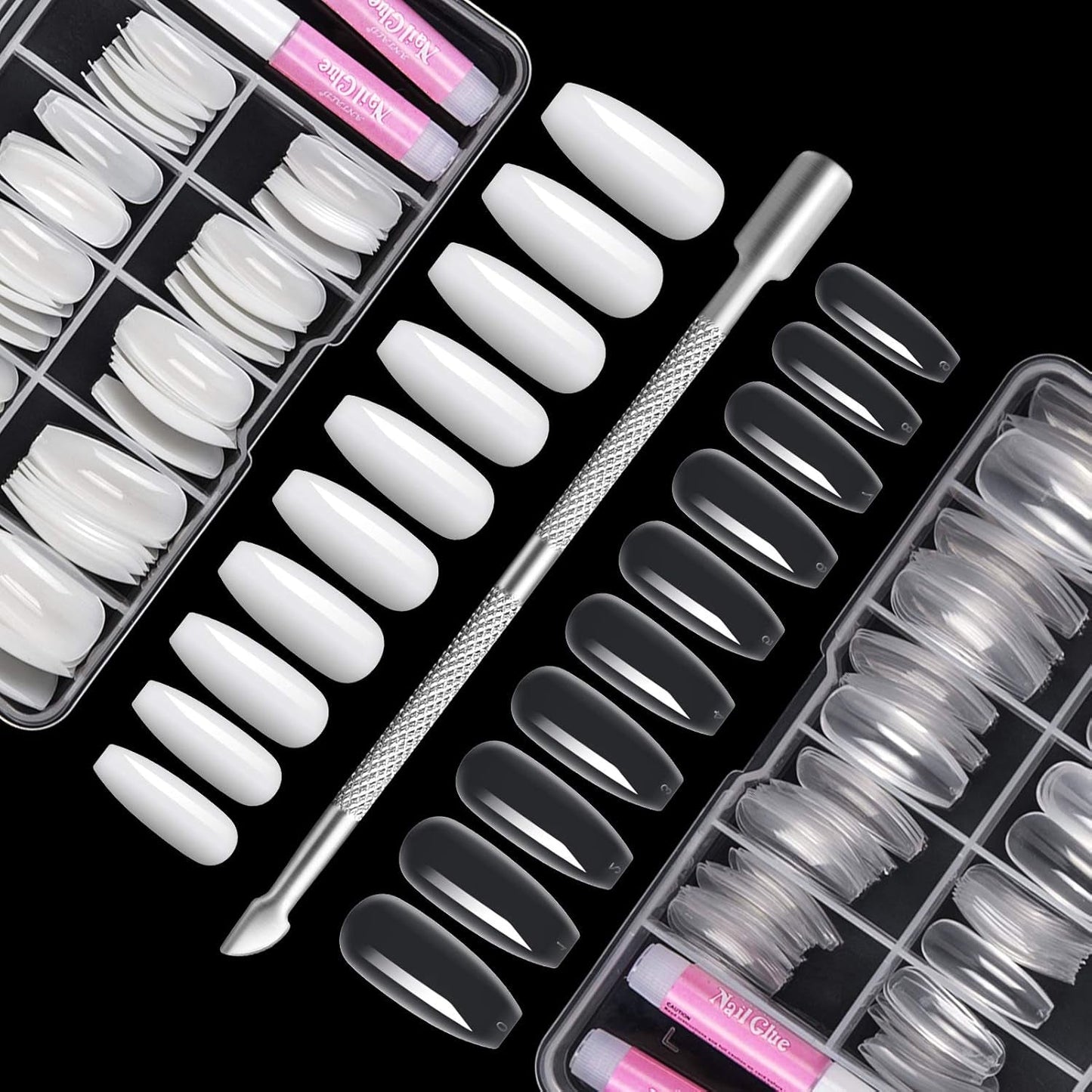 200ks falešných nehtů 10 velikostí akrylových nehtů se zatlačovačem kůžičky a průhledným boxem pro ženy a dívky (přirozené a průhledné)