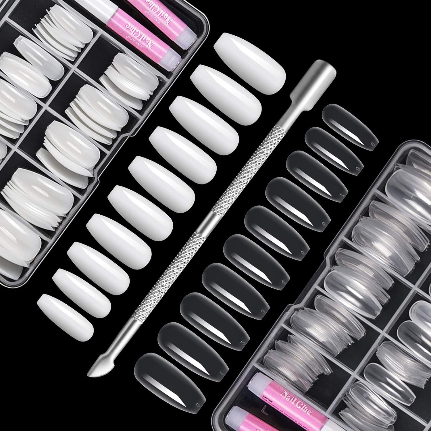 200ks falešných nehtů 10 velikostí akrylových nehtů se zatlačovačem kůžičky a průhledným boxem pro ženy a dívky (přirozené a průhledné)