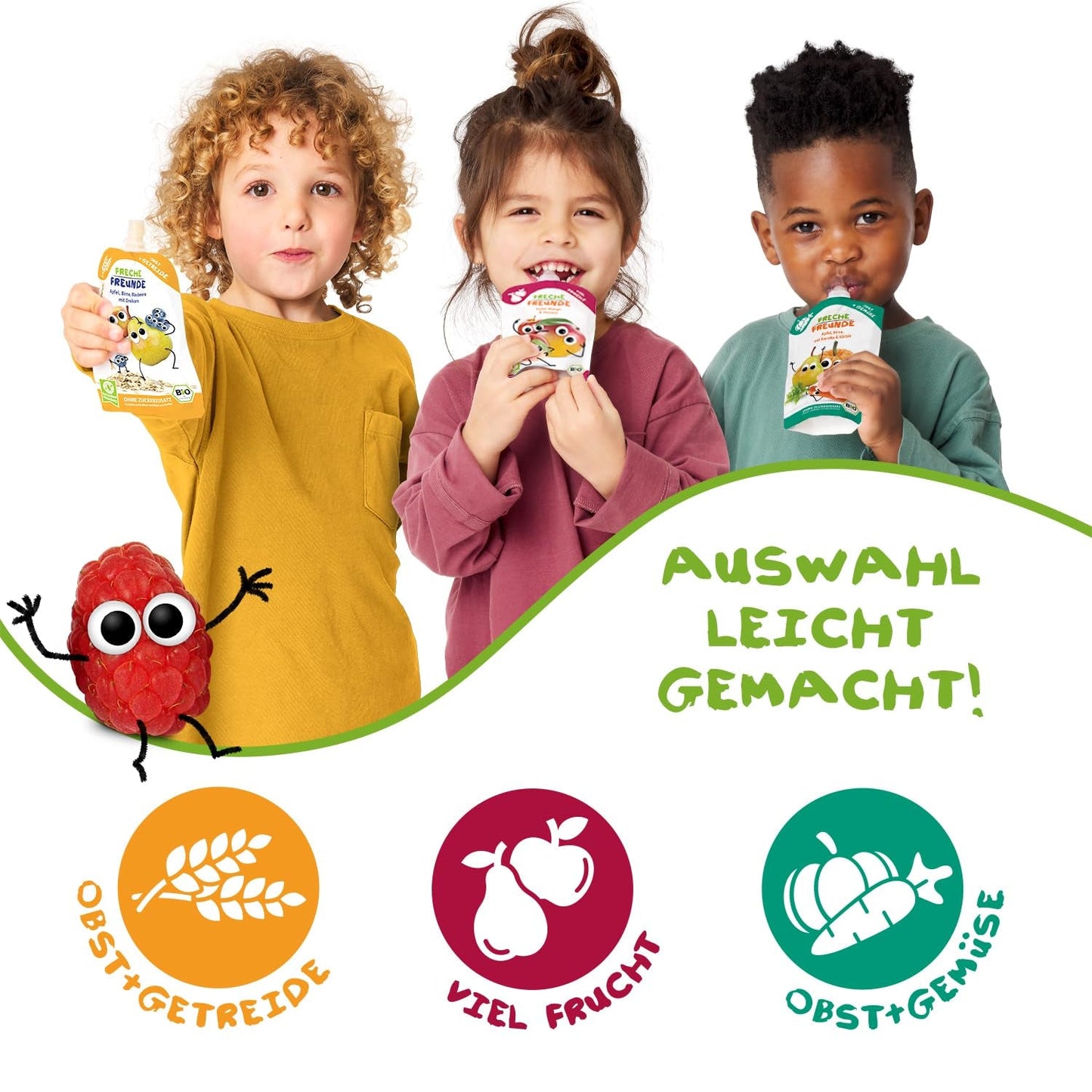 FRECHE FREUNDE Bio lisovatelná ovocná kapsička s jablky, banány, špenátem a okurkou, pyré a zeleninou v lisovatelné kapsičce pro miminka od 6 měsíců, veganská, balení 6 ks (6 x 100 g)