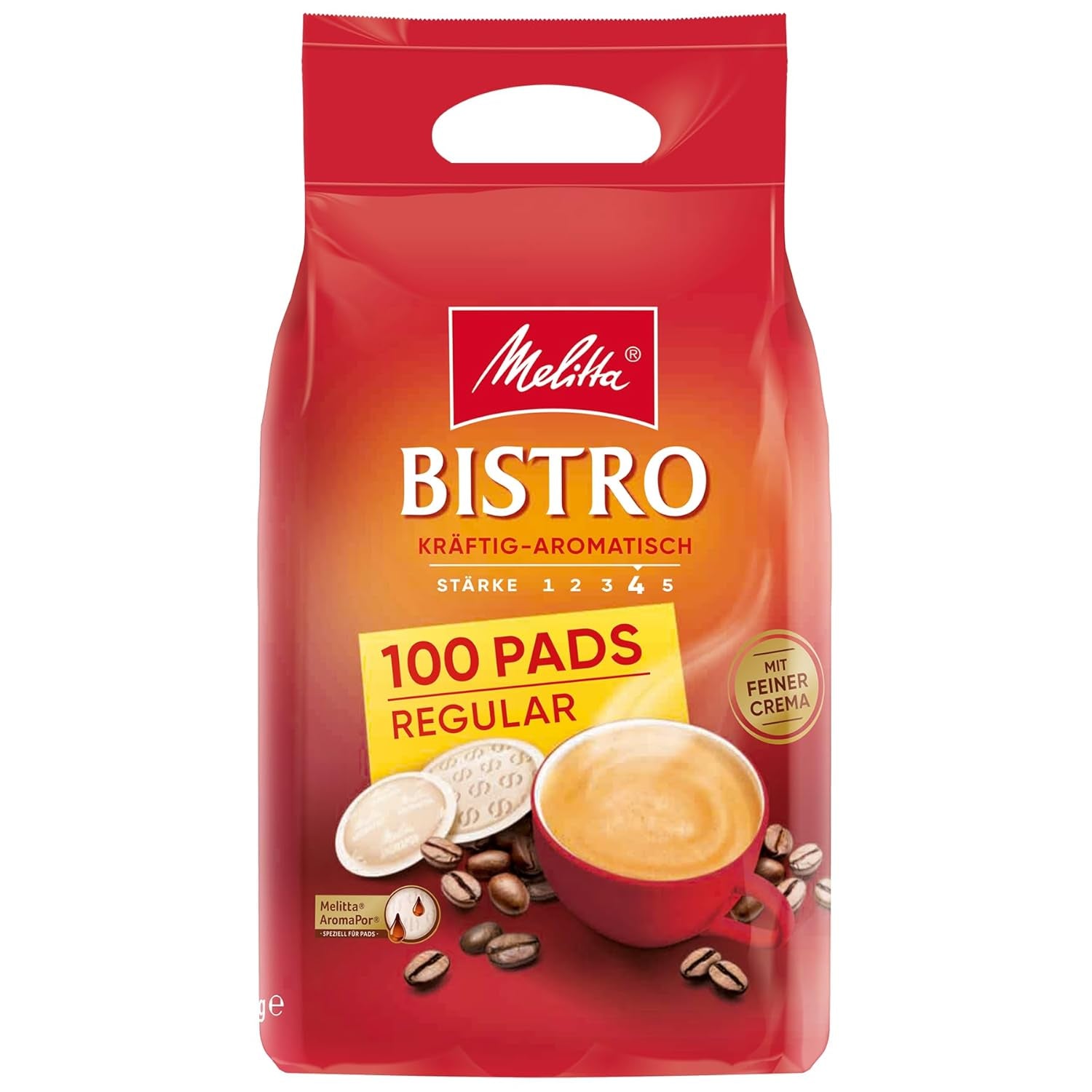 Melitta Café Bistro Röstkaffee in Kaffee-Pad, 100 Pads, Kaffeepads für Pad-Maschine, starke Röstung, geröstet in Deutschland, kräftig-aromatisch