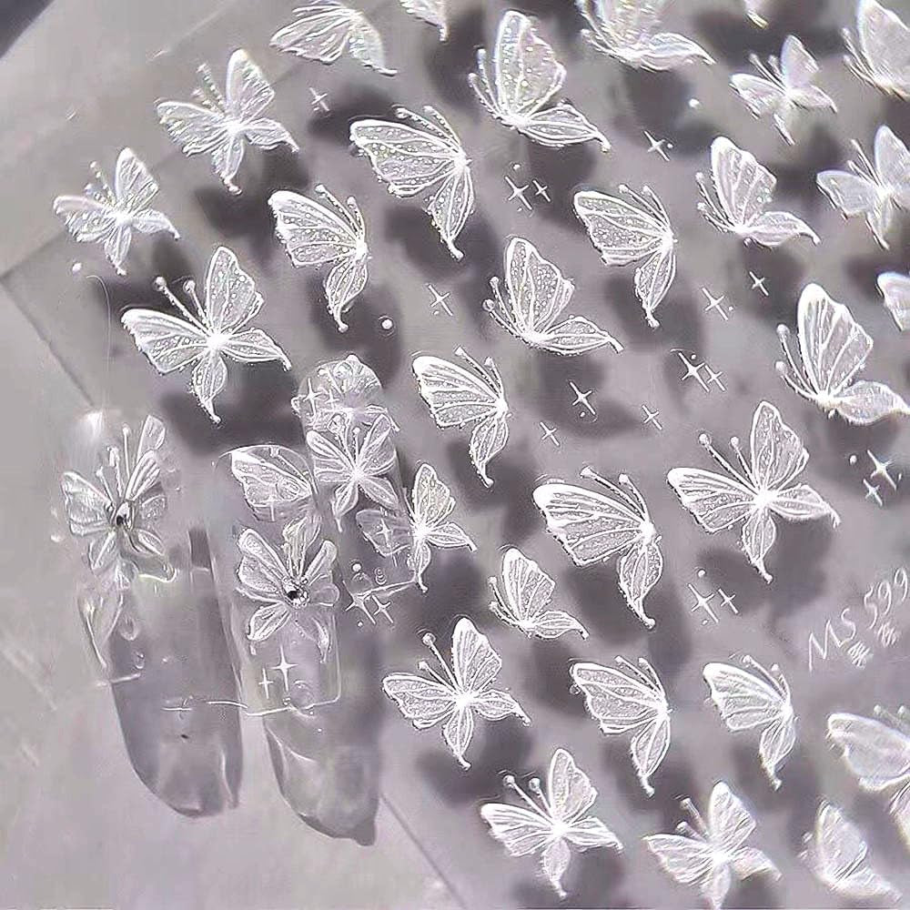 Aurora Muschel Schmetterling Samolepka na nehty Weiß Schmetterlinge Samolepka na nehty Gelee Relief Butterfly Nagelaufkleber Y2K Butterflies Nagel Sticker Nägel Nageldesign Nagel Zubehör Samolepky na nehty Nailart