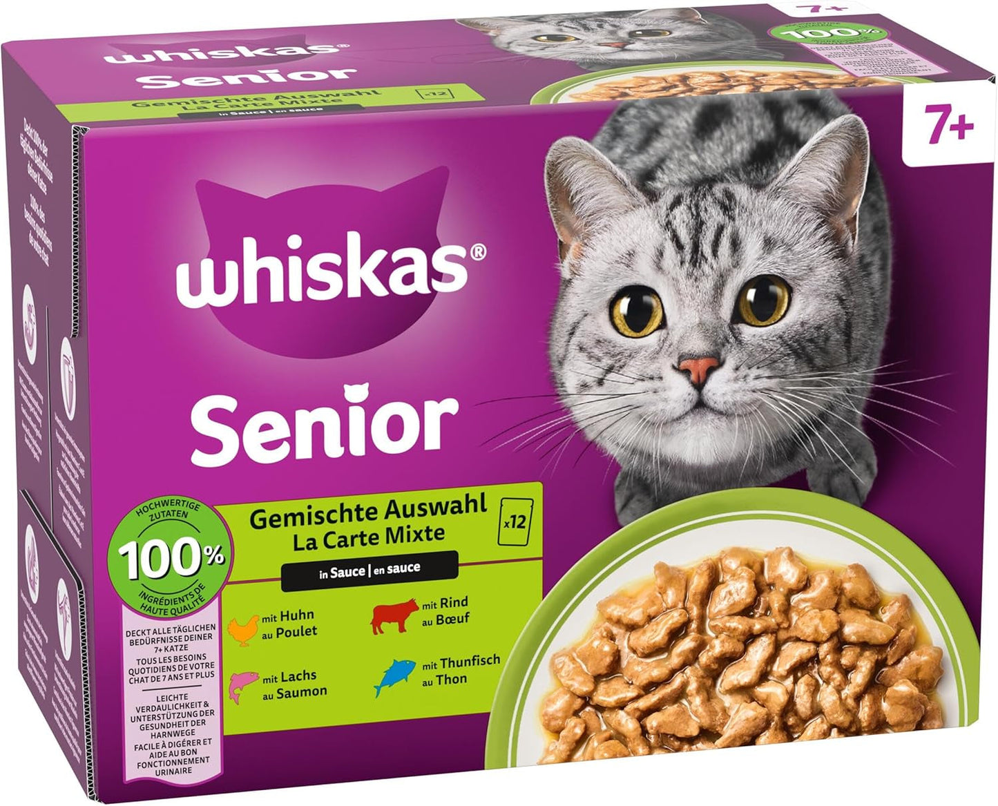 Whiskas Senior 7+ mokré krmivo Smíšený výběr v omáčce, 48 sáčků, 12x85g (balení po 4 ks) – vysoce kvalitní mokré krmivo pro kočky od 7 let