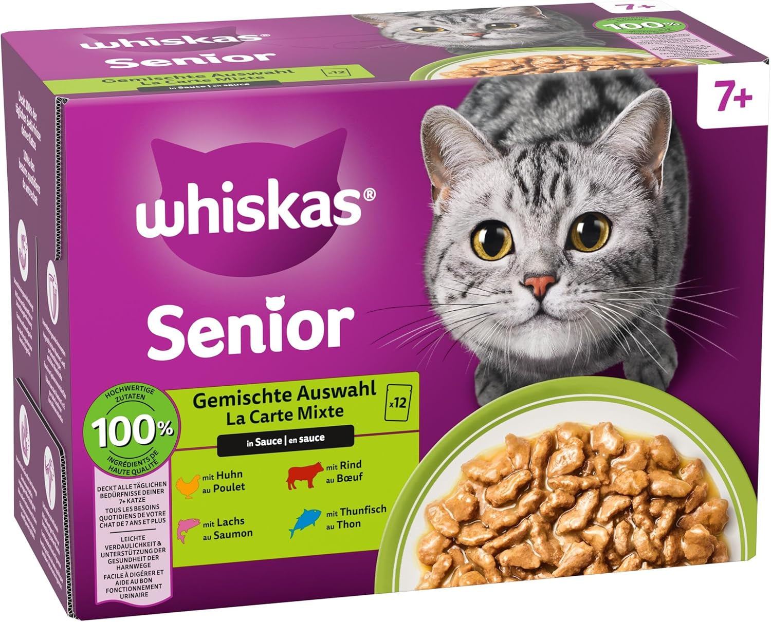 Whiskas Senior 7+ mokré krmivo Smíšený výběr v omáčce, 48 sáčků, 12x85g (balení po 4 ks) – vysoce kvalitní mokré krmivo pro kočky od 7 let