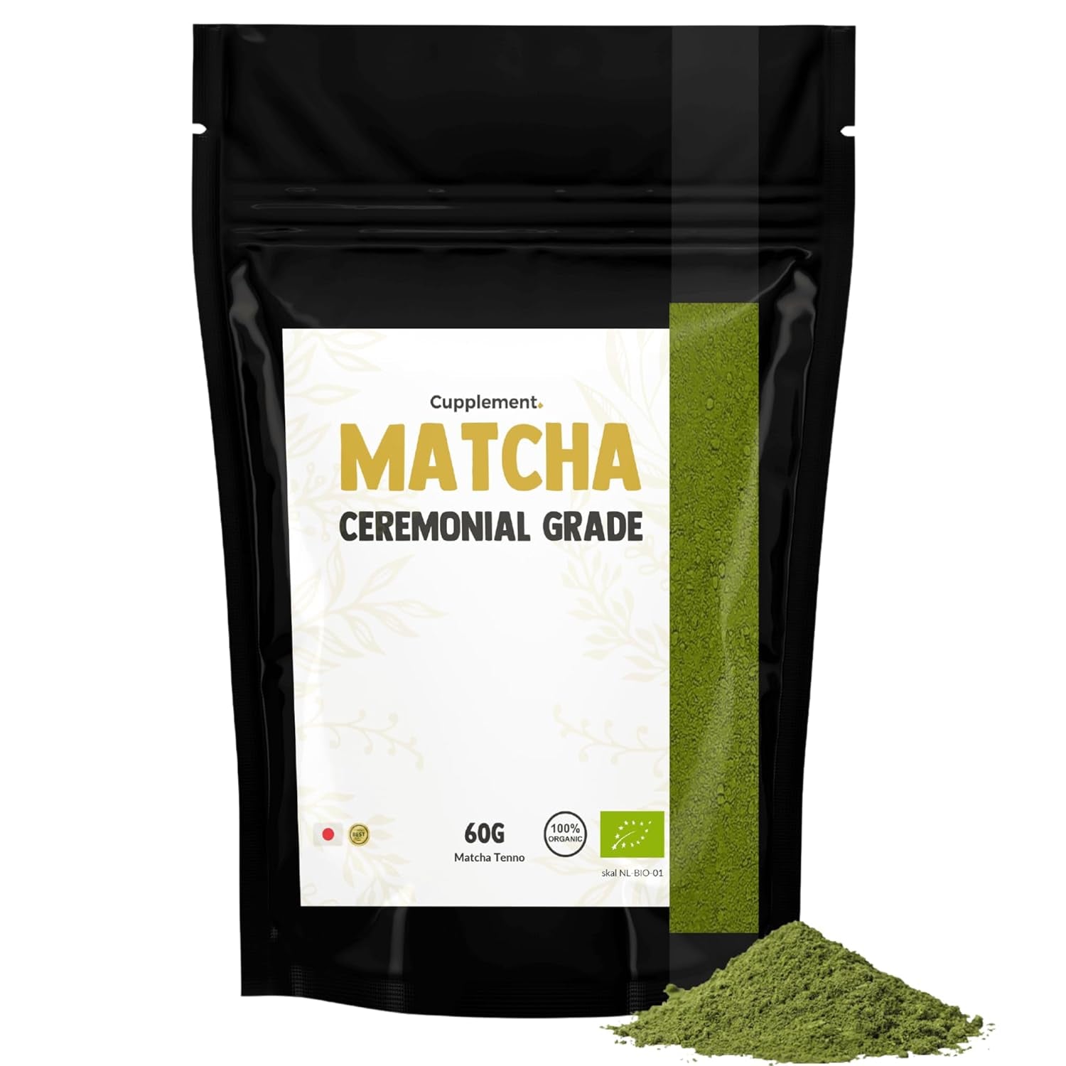 Cupplement Matcha 90 gramů bio - Nejkvalitnější práškový zelený čaj - Bez bambusové metly a drátu - Kuchařství - Sada pro začátečníky - Latte - Šlehačka - Japonsko - Prášek - Čaj - Drát - Sáček - Smoothie