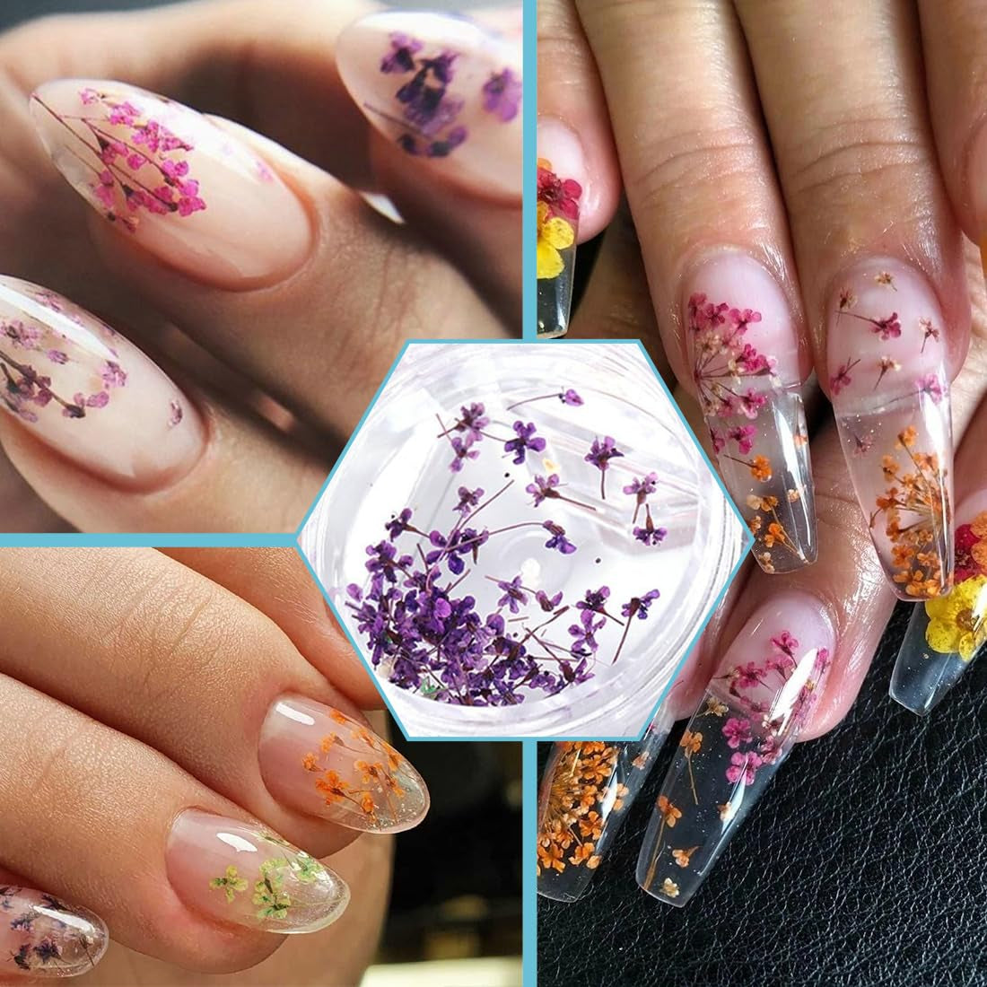 EYVRPAU 6 Stück Nail Art Sada květin Dekorace, Gelnägel Zubehör 6 Farben, Nail Art Aufkleber Trockene Blumen Kit Getrocknete Blumen Zubehör Set DIY Nageldekoration