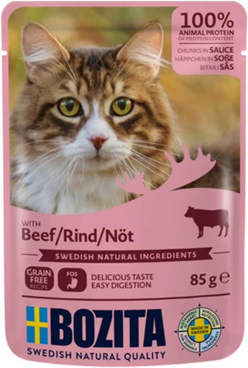 Bozita Pouch Mokré kousky krmiva v hovězí omáčce - 12 sáčků x 85 g Mokré krmivo pro kočky bez obilovin a pšenice - Mokré krmivo pro dospělé kočky s 8,5 % bílkovin a 4,5 % tuku
