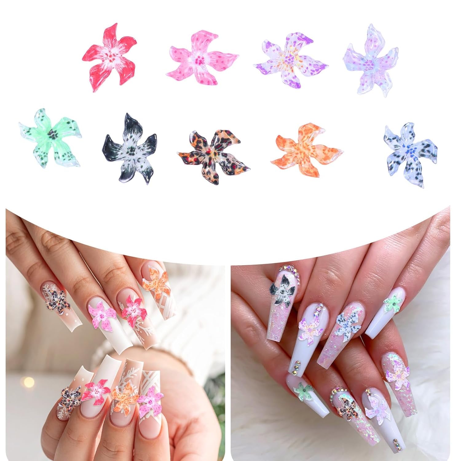 50 ks 3D Blumen Nägel Nail Charms Bunt Gelee Weich Kleber Lilie Flower Blume Nagel Ibišek Zubehör Nageldesign Eis Kristall Geprägt Farbverlauf Lilien Für Mädchen Frauen Diy Basteldekoration