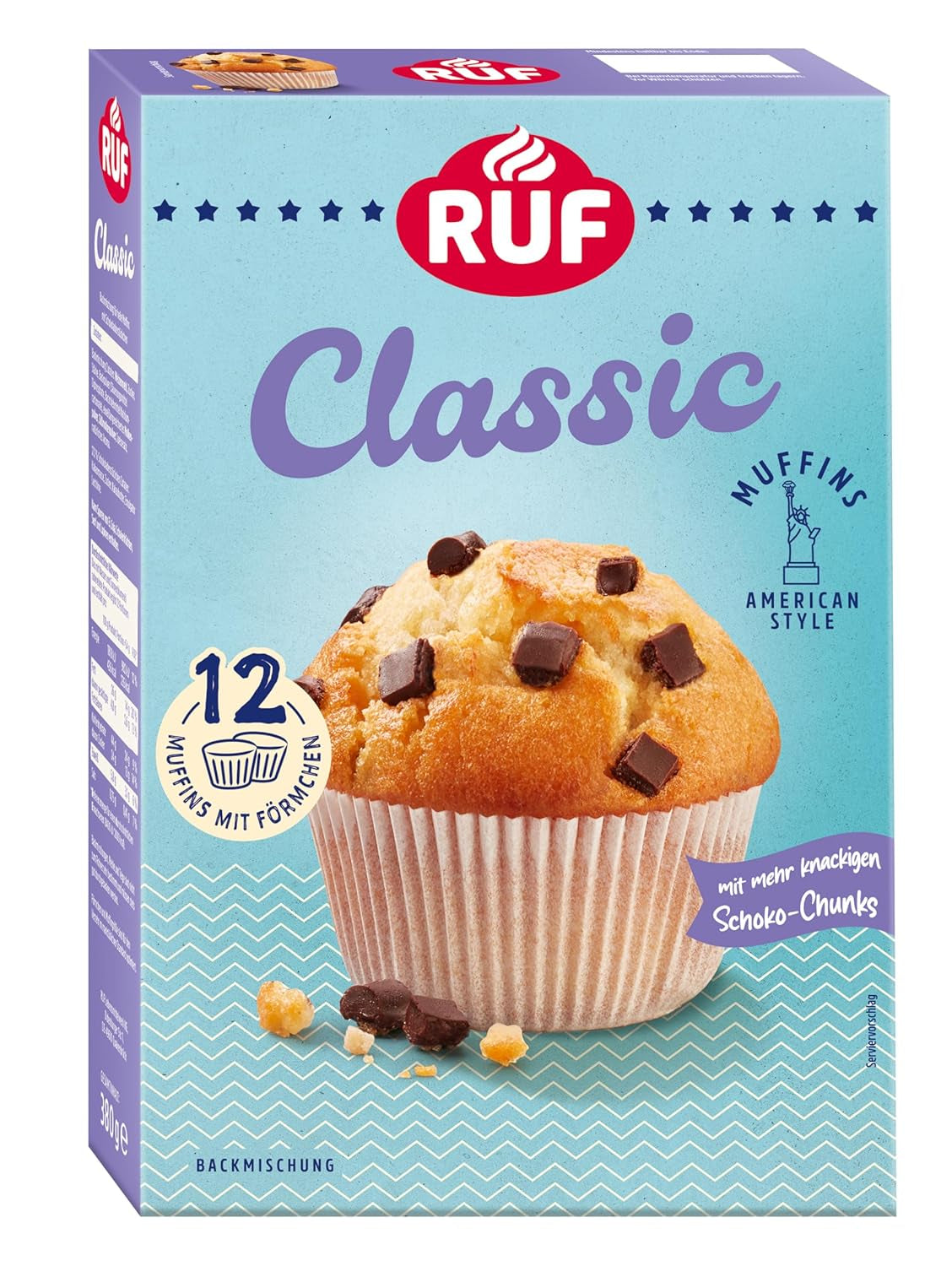 RUF Cheesecake-Muffins Backmischung, American Styl Muffins Mit Cremiger Füllung, Einfache Zubereitung, 12 Muffin-Förmchen Inklusive Naty Shop Hell 3-Teiliges Set