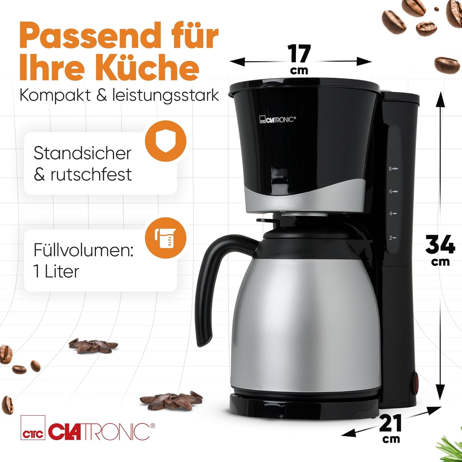 Kávovar Clatronic® s termoskou | na 8-10 šálků kávy | bez teplotních ztrát | kávovar s filtrem | 1 litr | Espresso | Filtrační kávovar s termoskou | KA 3327 černá