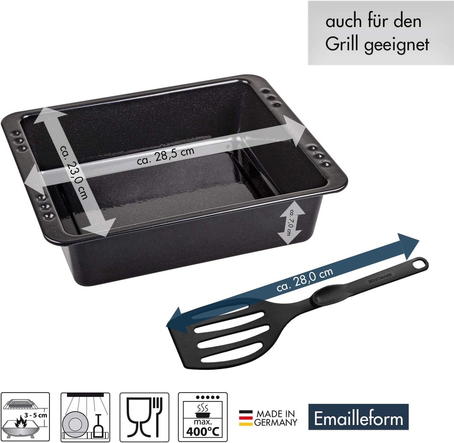 Chg SET 341-46-60 Extra Tiefe Ofenform (7,0 Cm) "Emaille" Mit Profi-Pfannenwender", Schwarz Gesprenkelt Formy a plechy na pečení Naty Shop