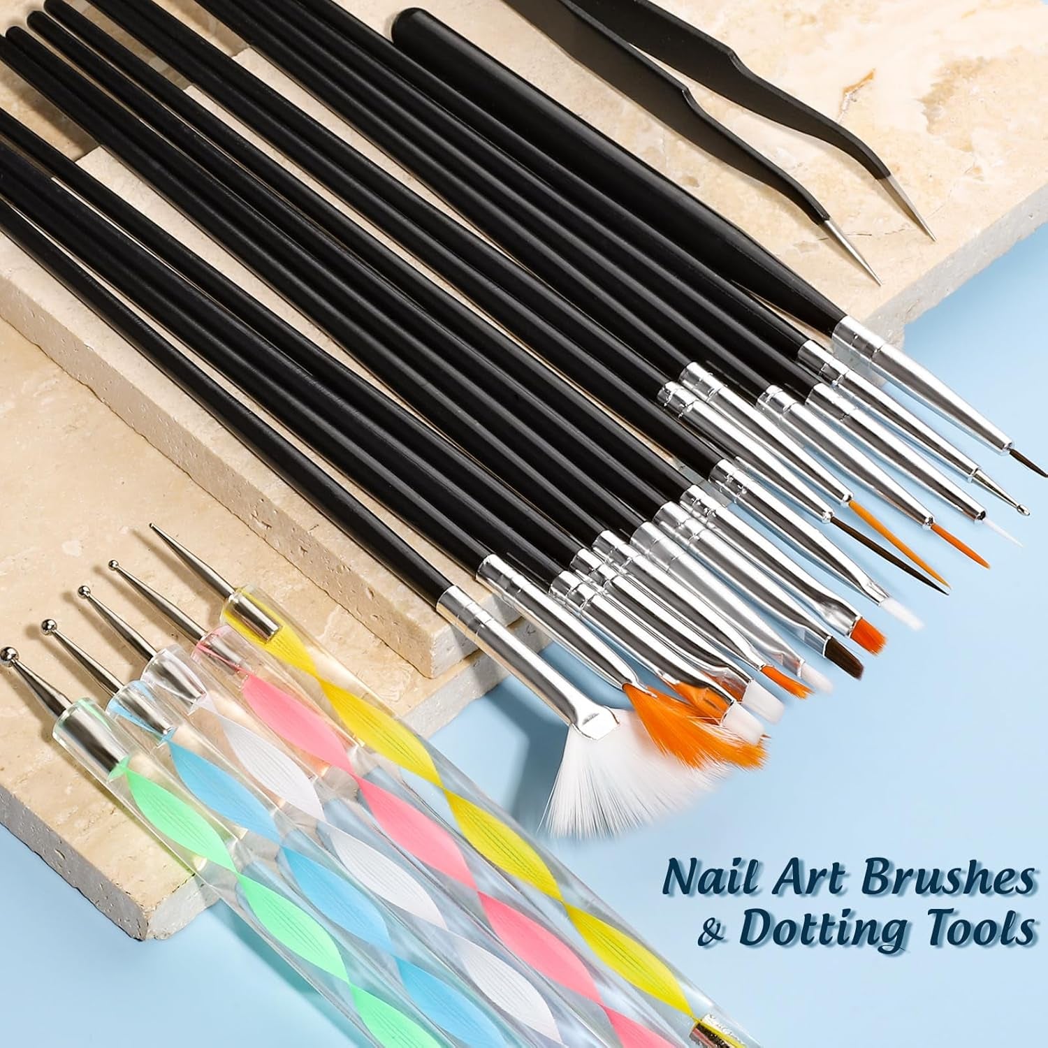 FANDAMEI Pinsel Für Gelnägel, 15 ks Nagel Pinsel, 5 Blätter Nagel Sticker, Strasssteine ​​Nägel, Nageldesign Set, Nageldesign Zubehör, Nail Art Pinsel Set, Nailart Pinsel Und Dekorationen Set