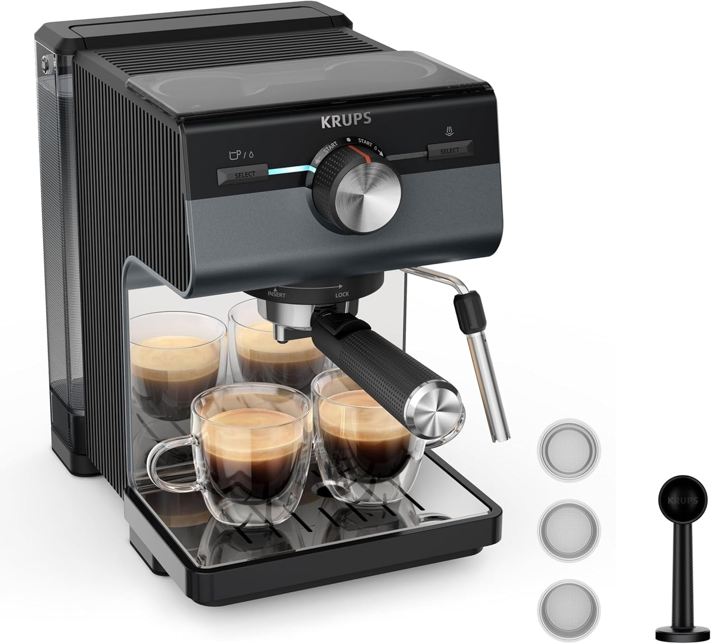 Espresso KRUPS Authentic+, 15 bar, intuitivní ovládání, propracovaný design, parní tryska, včetně rozšířeného příslušenství, Bullet Dark silver/Stainless steel, XP384G10