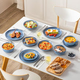 Steingut Geschirrset 6 Personen, vancasso ANYA Blau Teller Set Moderní 24 teilig, Tafelservice mit Speiseteller, Suppenteller, Desserttellern, Schüsseln, Geschirr Set Spülmaschinen und Mikrowellenfest