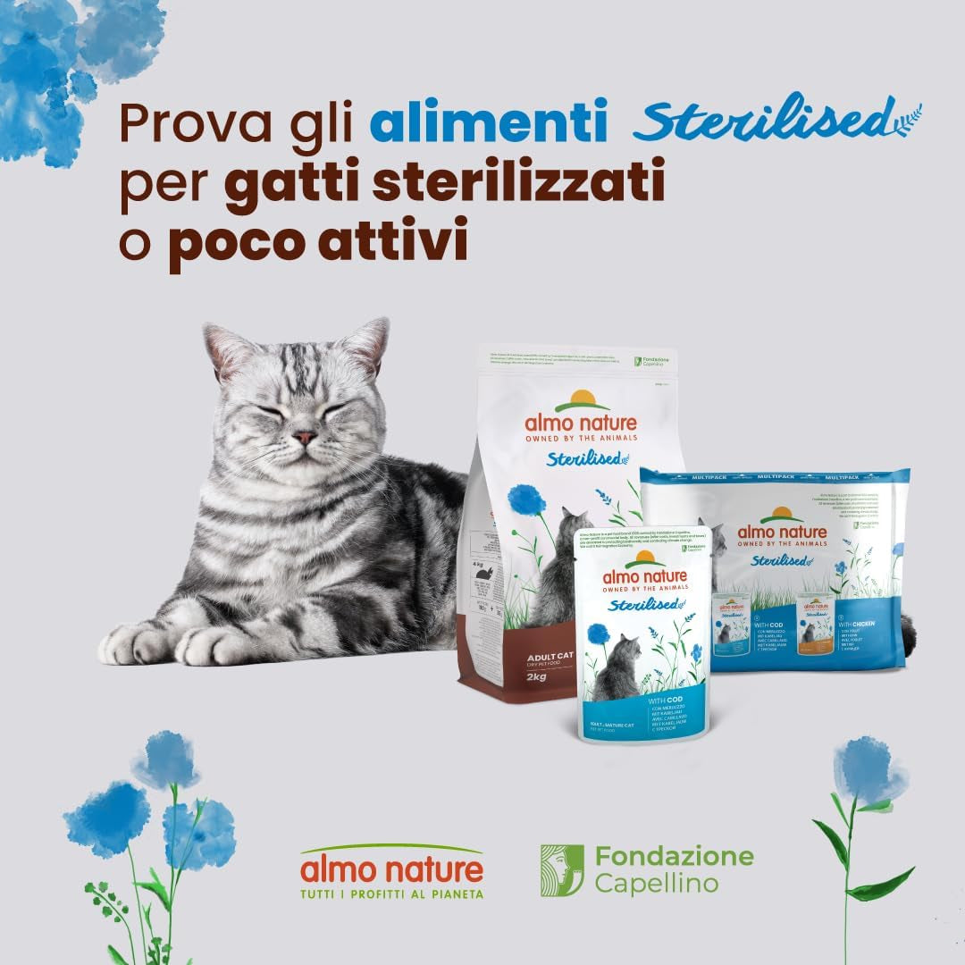 Almo Nature Functional - Sterilizované - Mokré krmivo pro dospělé a starší kočky, sterilizované nebo méně aktivní - s treskou a kuřecím masem - Nízkotučné, zvlhčující - 70 g (balení 6 ks)