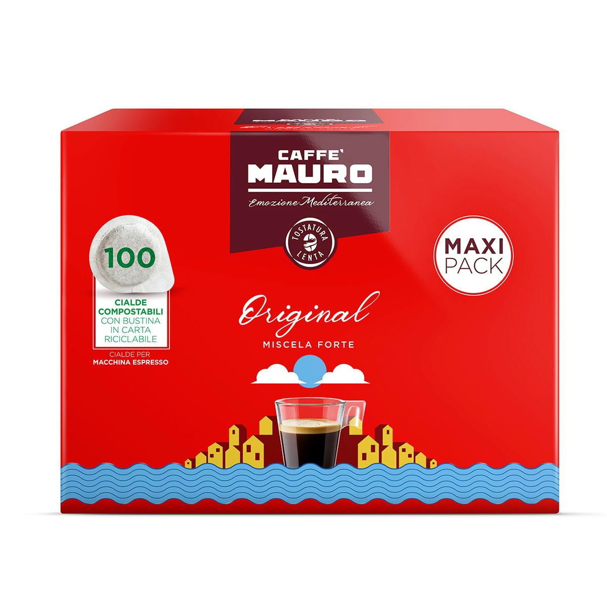 Caffè Mauro Torrefazione Kaffee Kompostierbare Pods, Recyclebare Verpackung, Original Mischung - 100 stück - Intensität 10/10 - Kompatibilní s ESE System Papier Pads 44 mm