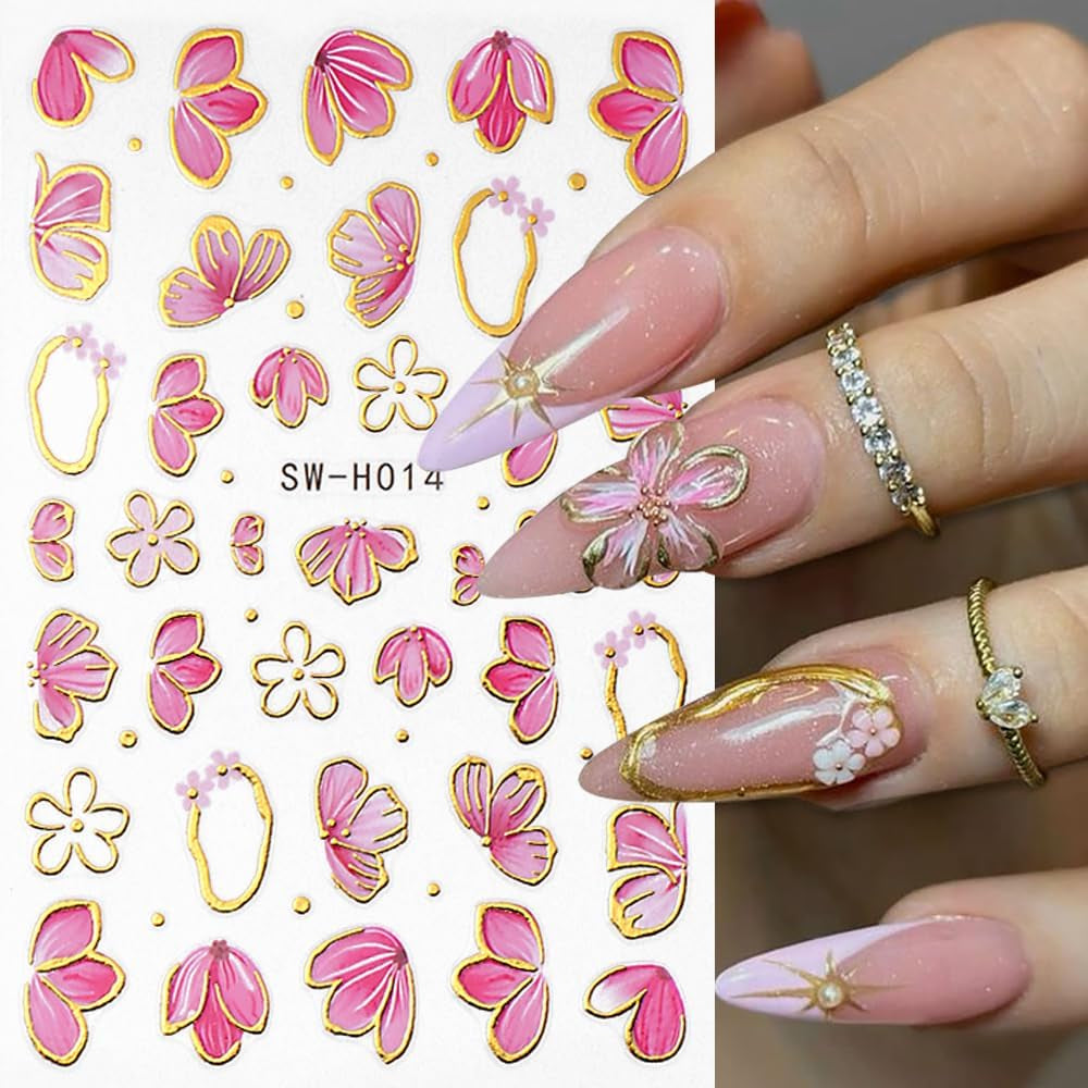 Zlatá Linie Schieber Rosa Samolepka na nehty Blumen 3D Květina Samolepka na nehty Sakura Blütenblätter Blumen Nagelaufkleber Frühling Summer Floral Nagel Sticker Květiny Samolepky na nehty Nageldesign Zubehör Nail Art