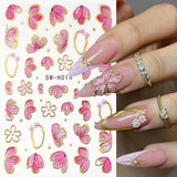 Zlatá Linie Schieber Rosa Samolepka na nehty Blumen 3D Květina Samolepka na nehty Sakura Blütenblätter Blumen Nagelaufkleber Frühling Summer Floral Nagel Sticker Květiny Samolepky na nehty Nageldesign Zubehör Nail Art