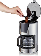 Filtr na espresso na 6 šálků Cloer, funkce jemného udržování teploty, skleněná karafa, odměrka, ukazatel hladiny vody, systém proti odkapávání, automatické vypínání, velikost filtru 1x2, 550 W, nerezová ocel