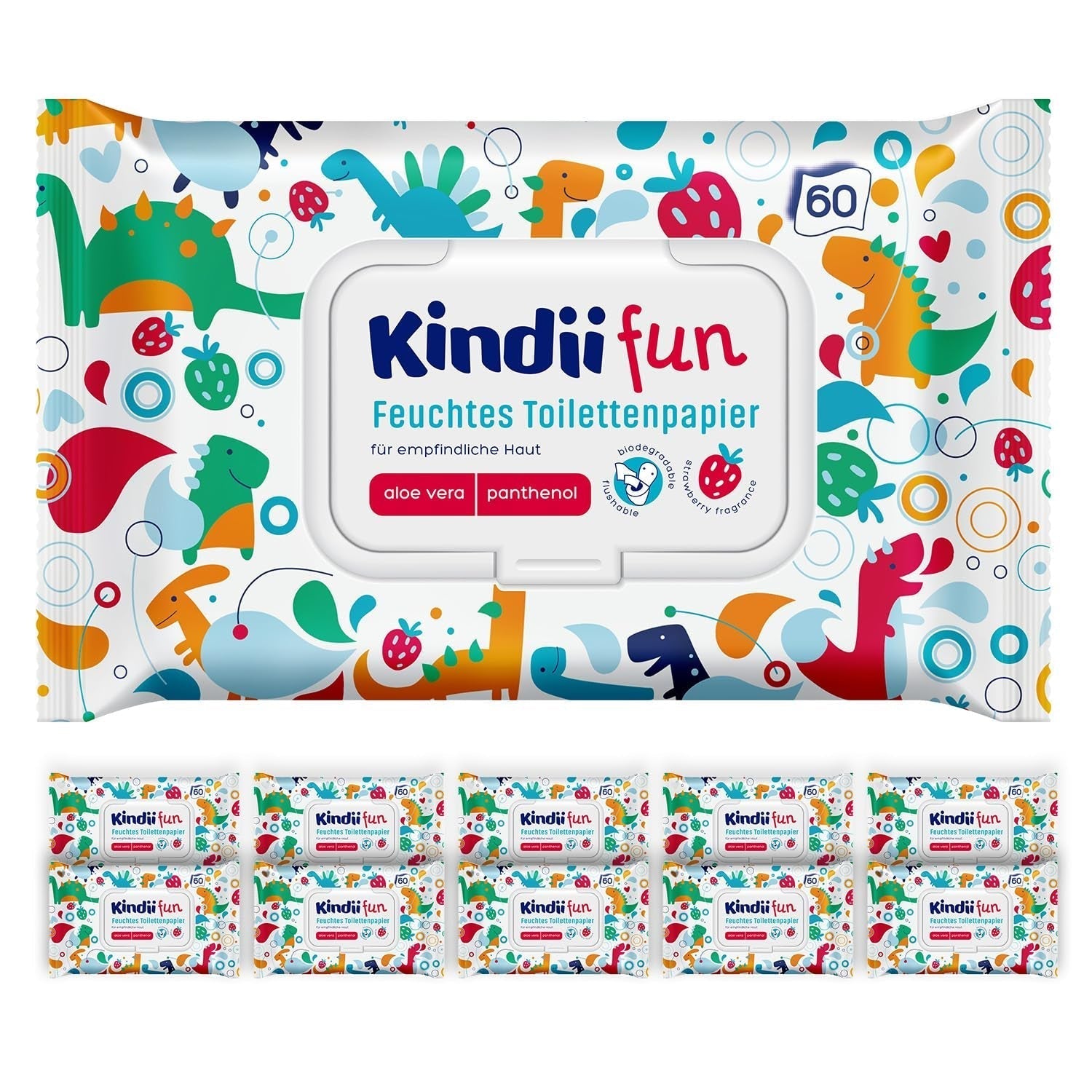 Kindii Fun Wet Toalet Paper - (10X60 kusů) Wet Toalet Paper - Heřmánek, Aloe Vera, Ph-neutrální, voděodolný, Osvěžuje intimní oblast - 600 kusů