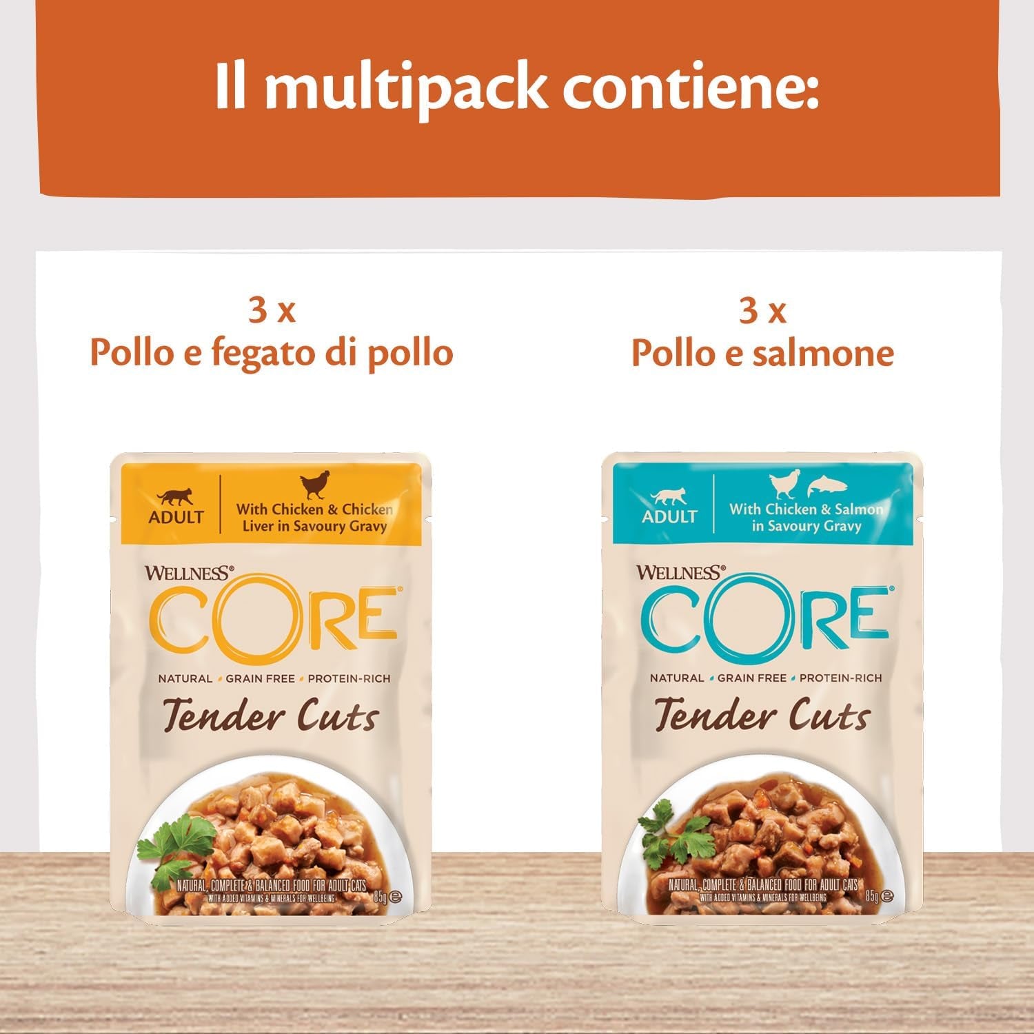 Wellness CORE Tender Cuts 6 x 85g, Chicken Selection Mix - Mokré krmivo pro kočky, jemné kousky v omáčce, bez obilovin, přírodní, hypoalergenní, bohaté na bílkoviny, vysoký obsah masa