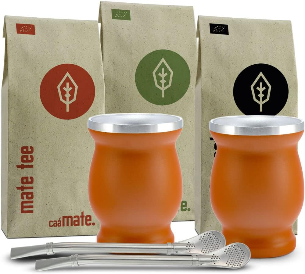 Bio čajová sada Mate ● 3 sortimenty Mate + 2 dvoustěnné šálky Mate z nerezové oceli + 2 bombillas + Návod na vaření (černý)
