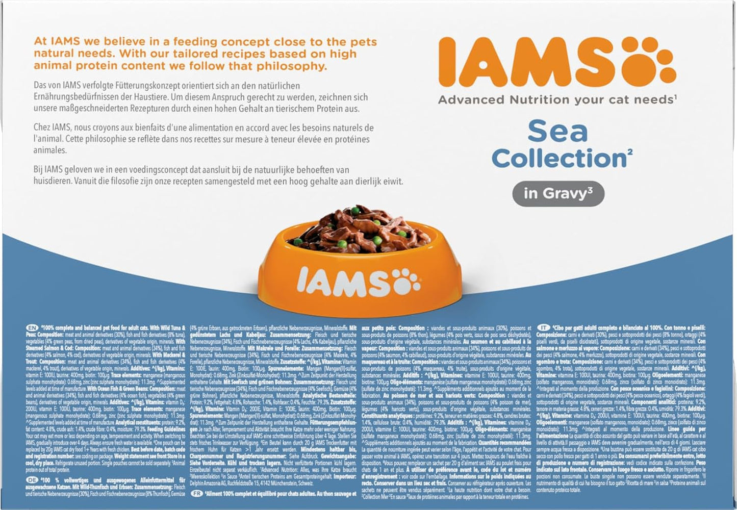 IAMS Delights Sea Collection Katzenfutter Nass - Multipack mit Fisch Sorten (Lachs, Thunfisch, Makreel, Seefisch) v omáčce, Nassfutter für Katzen od 1 Jahr, 12 x 85 g
