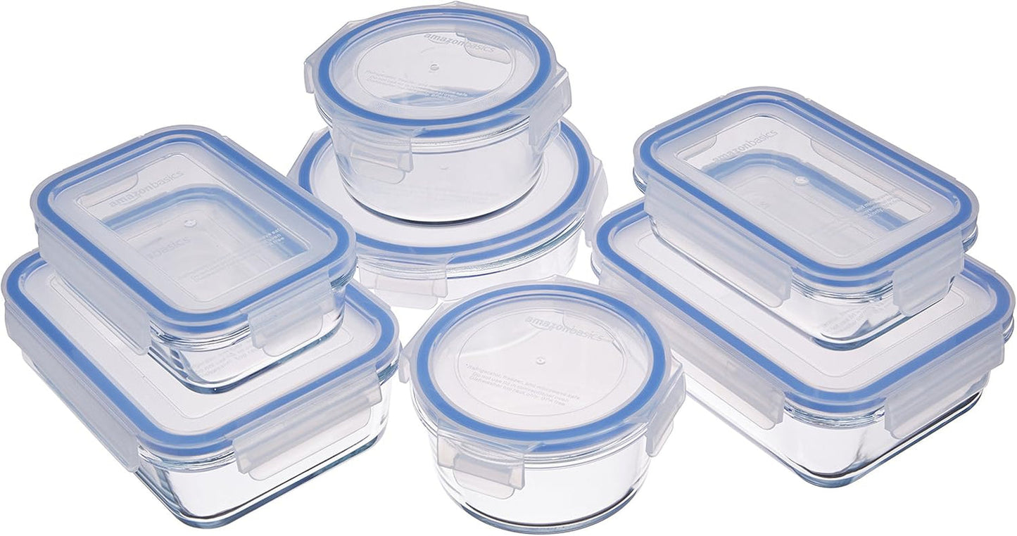 Amazon Basics Skleněné dózy na potraviny s víkem 20 balení (10 dóz + 10 víček) BPA Free Clear Blue Food Storage Box Naty Shop 14 Pack Single