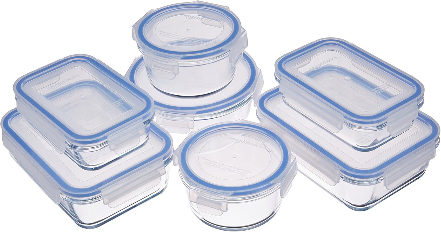 Amazon Basics Skleněné dózy na potraviny s víkem 20 balení (10 dóz + 10 víček) BPA Free Clear Blue Food Storage Box Naty Shop 14 Pack Single